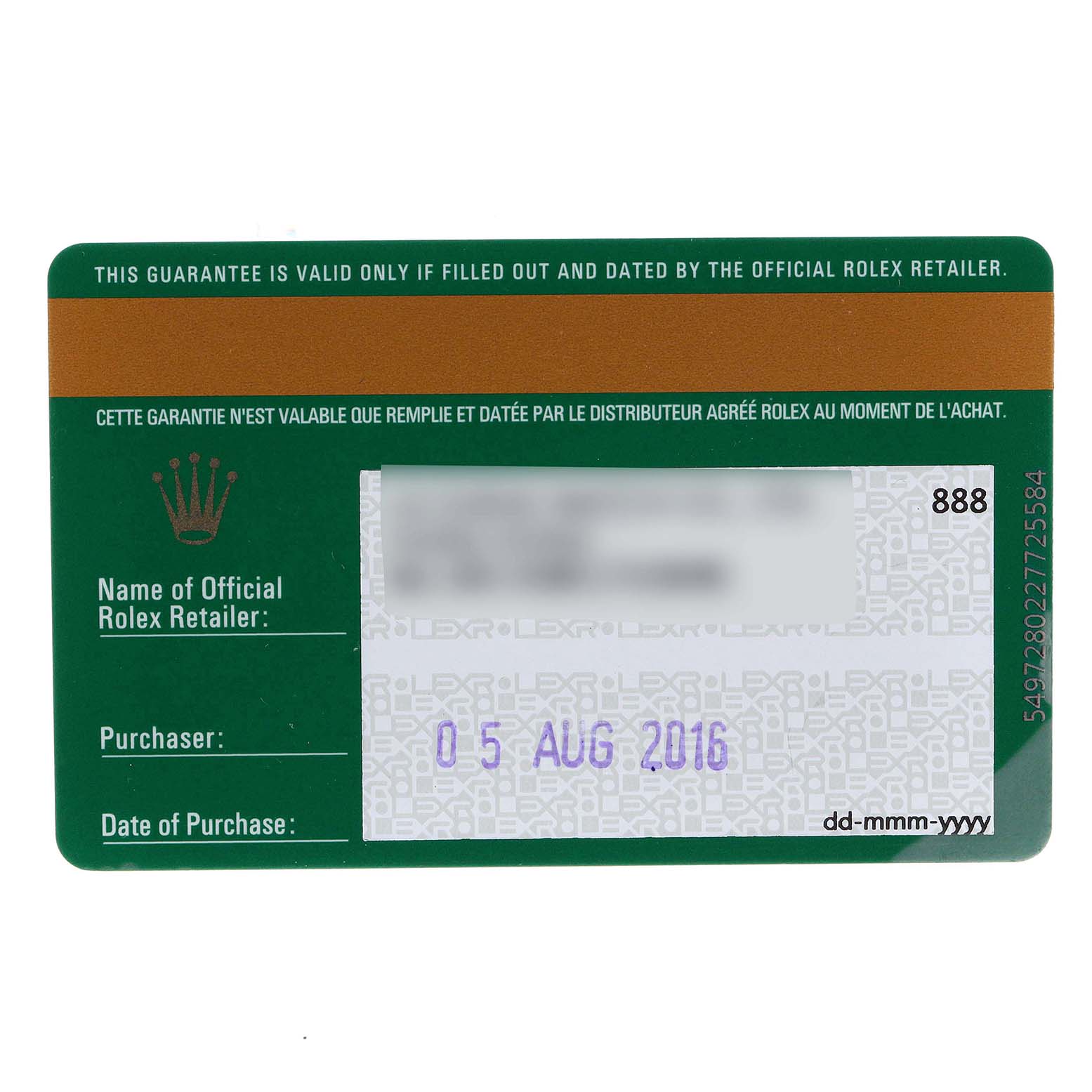 This image shows the guarantee card for a Rolex Datejust 41 116334 Men
s Stainless Steel Blue Dial 116334 Men
s Stainless Steel Blue Dial model, including purchase details and the official retailer
s information.