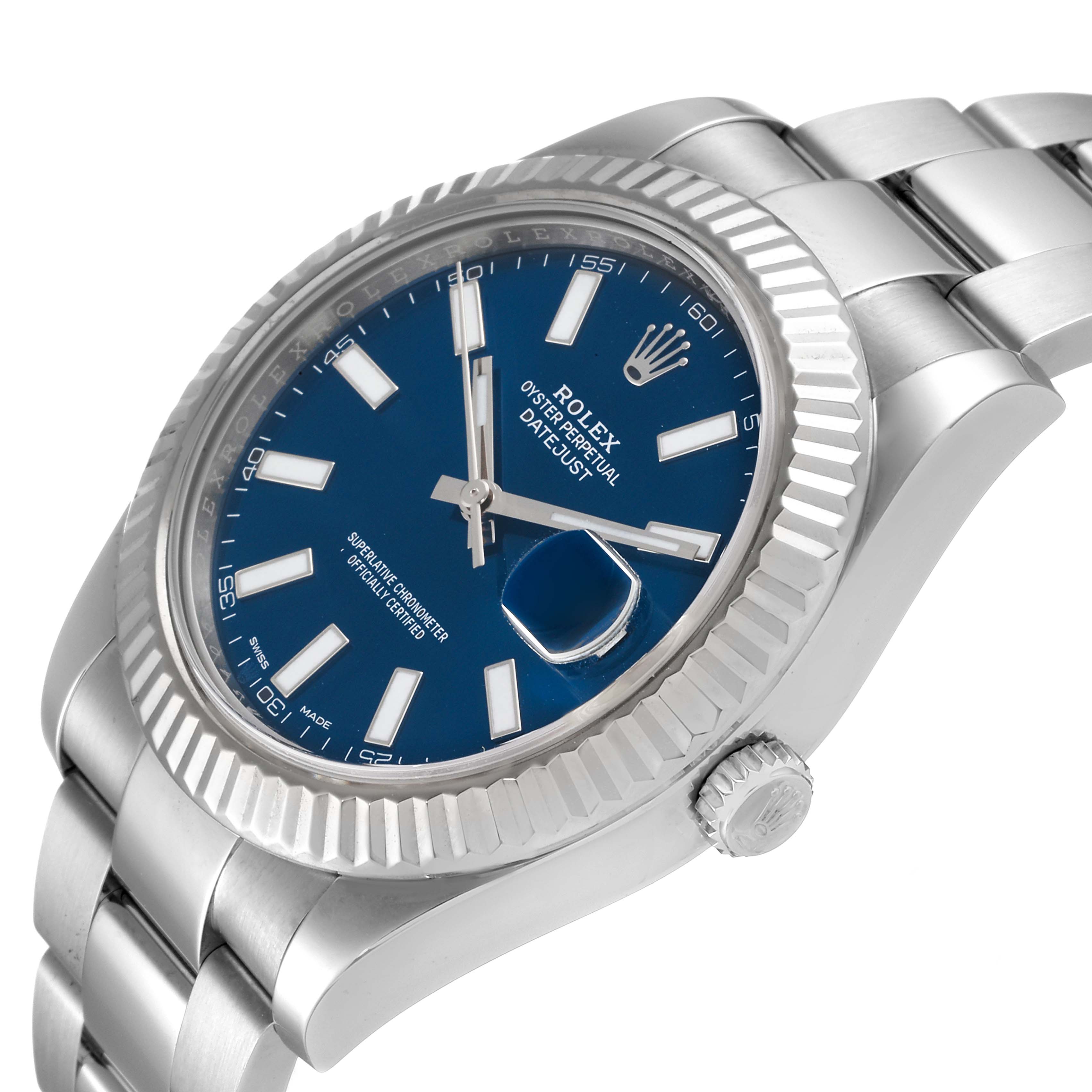 This image shows a side angled view of the Rolex Datejust 41 116334 Men
s Stainless Steel Blue Dial 116334 Men
s Stainless Steel Blue Dial watch, focusing on the blue dial, fluted bezel, and part of the bracelet.