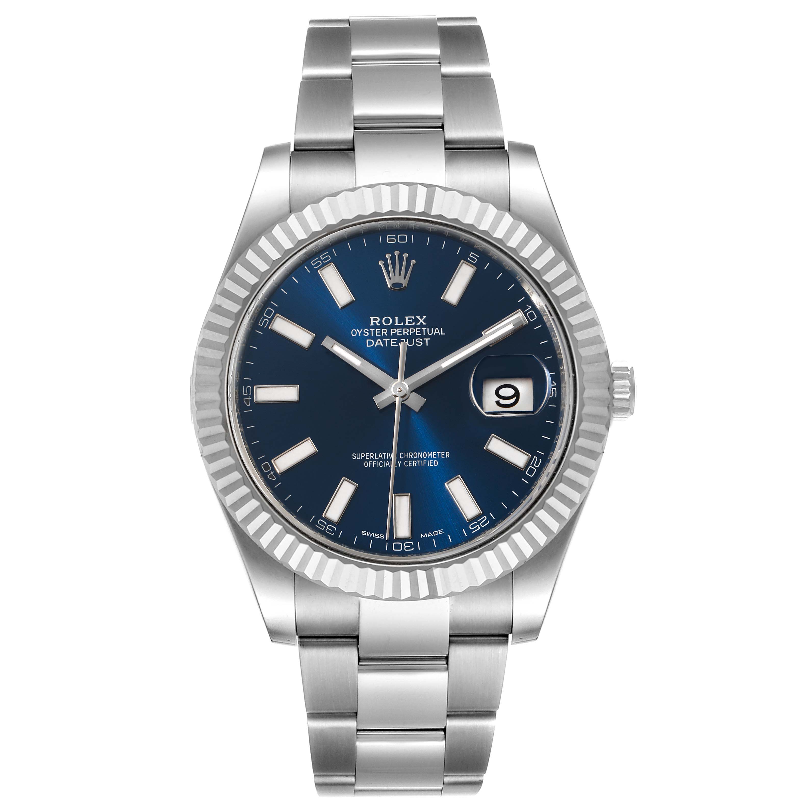 The image shows a frontal view of the Rolex Datejust 41 116334 Men
s Stainless Steel Blue Dial 116334 Men
s Stainless Steel Blue Dial watch, highlighting its blue dial, date window, and stainless steel bracelet.