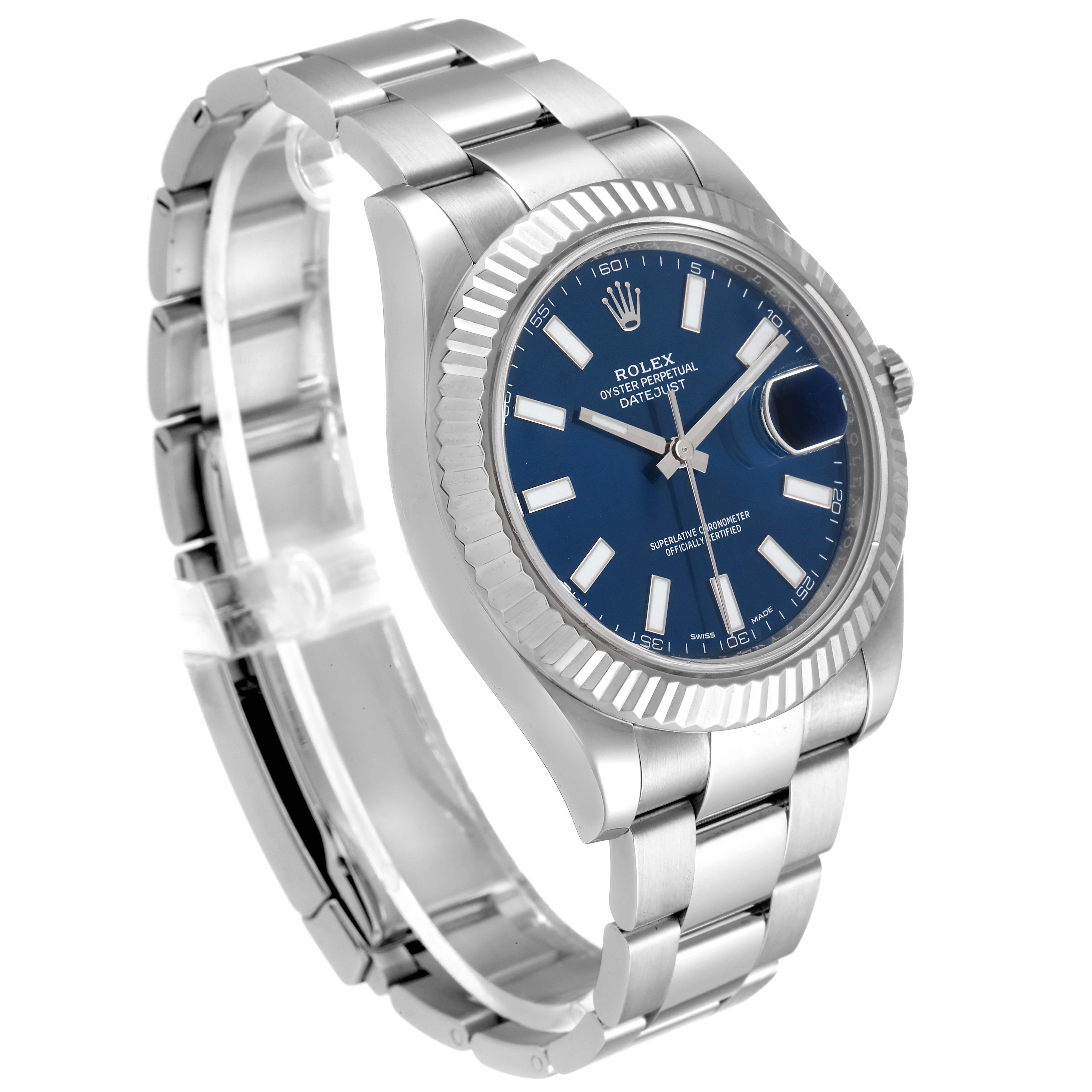 The image shows a Rolex Datejust 41 116334 Men
s Stainless Steel Blue Dial 116334 Men
s Stainless Steel Blue Dial watch at a three-quarter angle, highlighting the blue dial, fluted bezel, and bracelet.