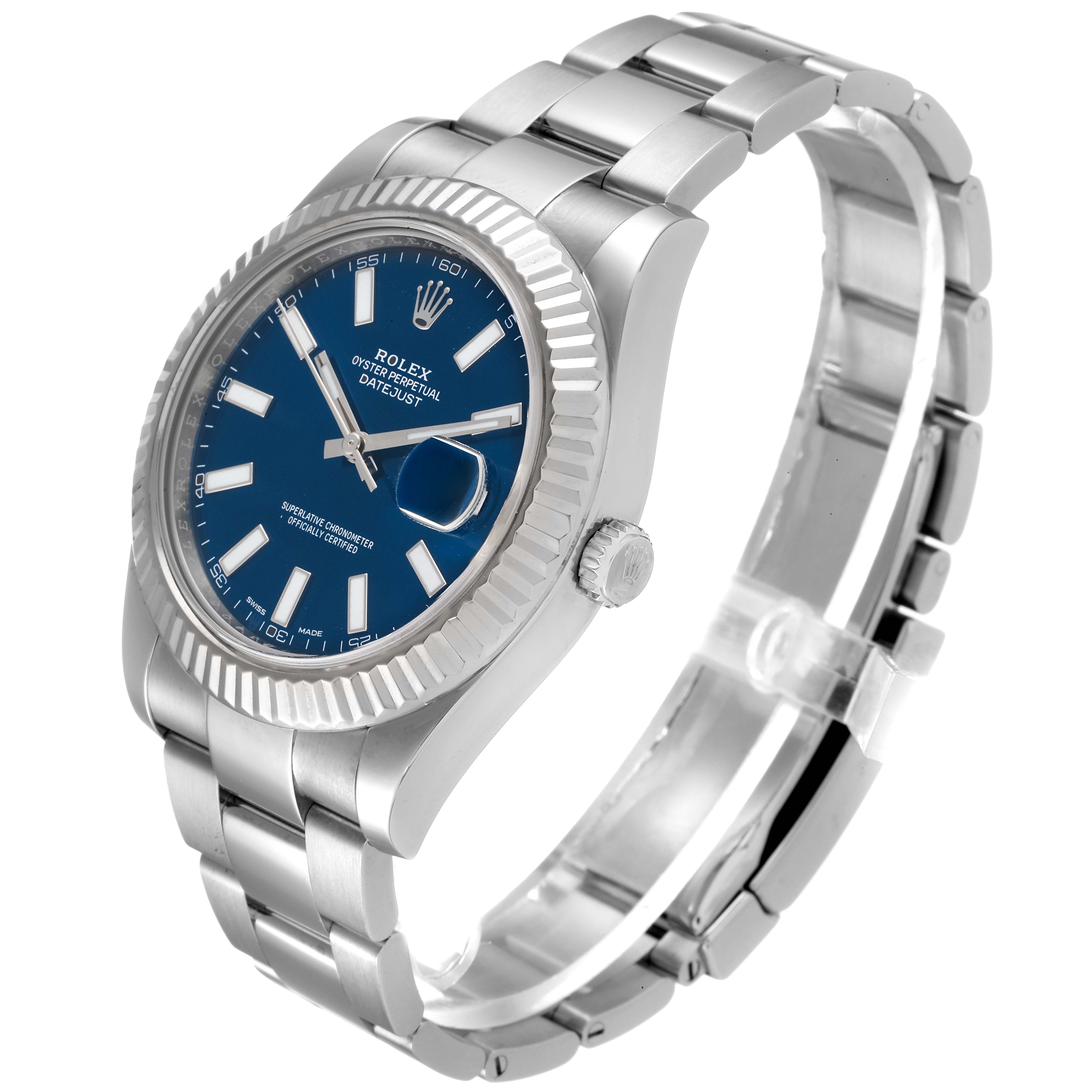 The image shows a Rolex Datejust 41 116334 Men
s Stainless Steel Blue Dial 116334 Men
s Stainless Steel Blue Dial watch at a three-quarter angle, highlighting the case, bezel, dial, and bracelet.