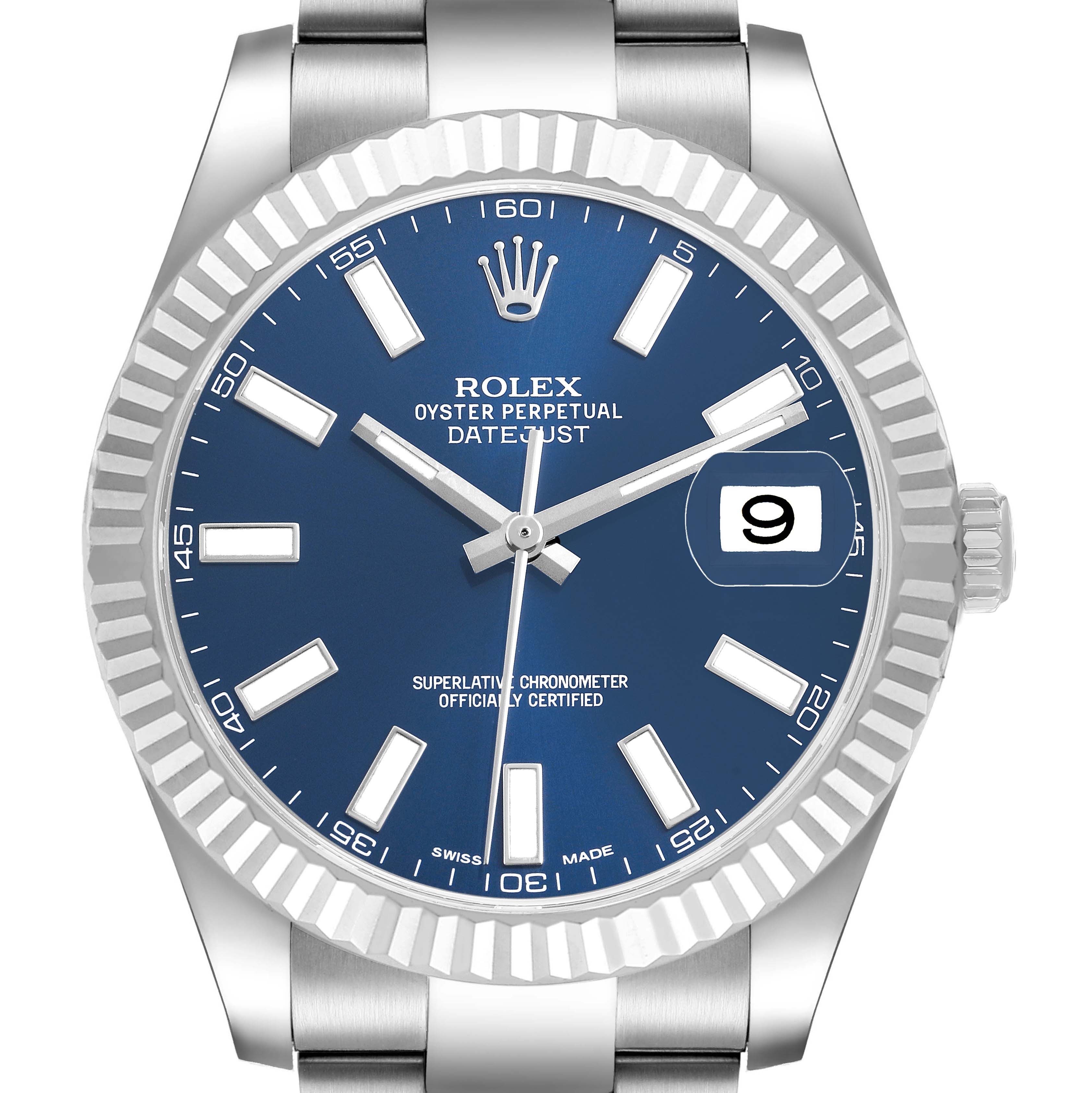 The Rolex Datejust 116334 Men's Stainless Steel Blue Dial watch is shown from a front view, highlighting the dial, bezel, hour markers, and date window.