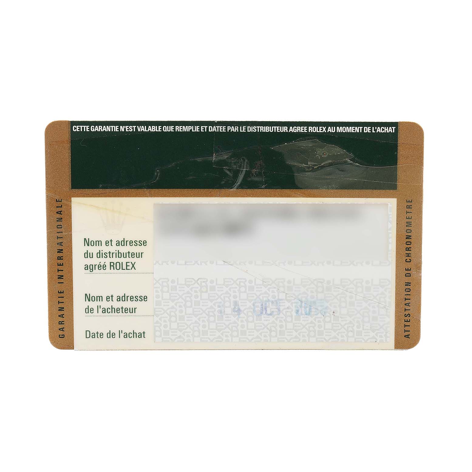 The image shows a warranty card for a Rolex Datejust 116334 Men's Stainless Steel Blue Dial, featuring distributor and purchase details.