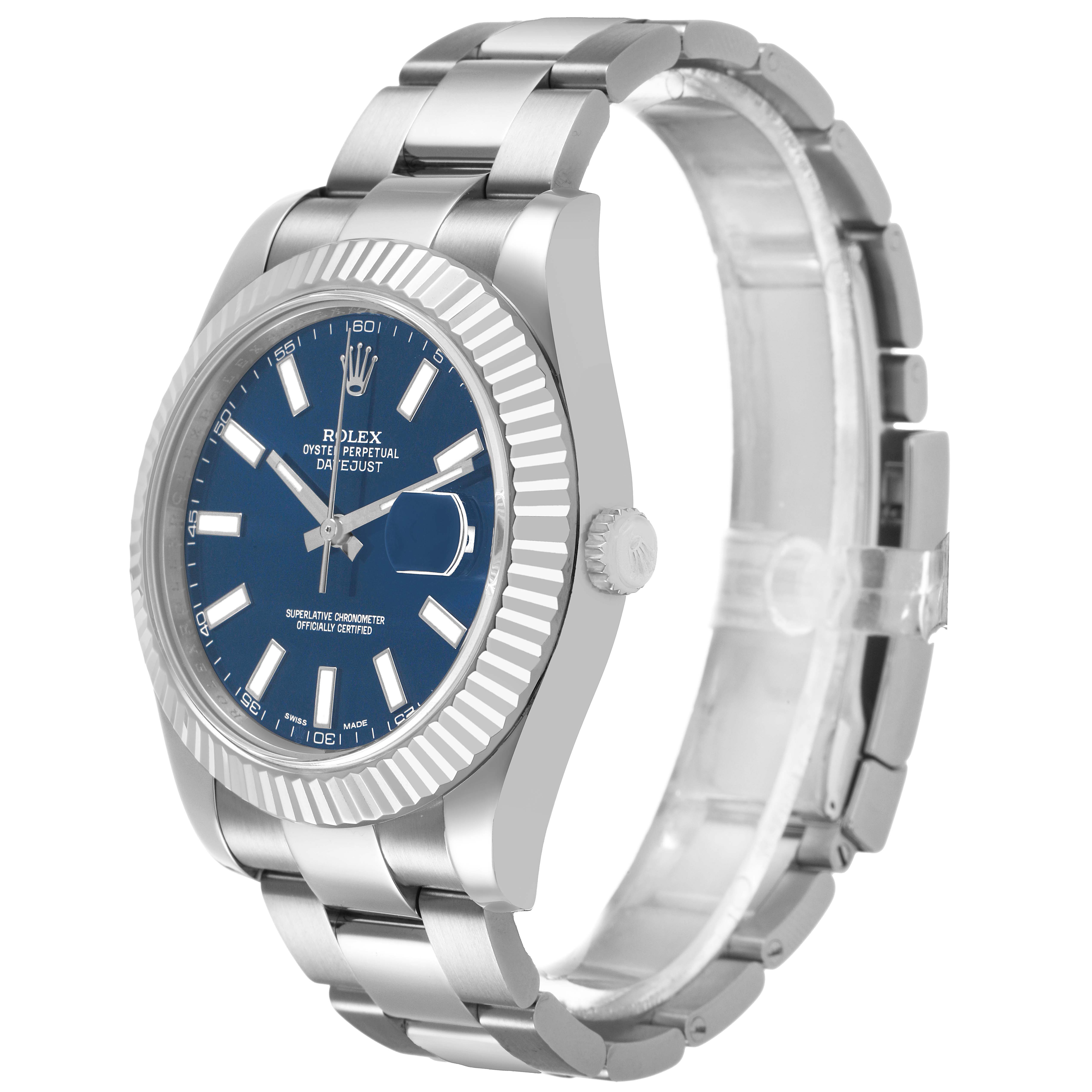 The Rolex Datejust 116334 Men's Stainless Steel Blue Dial watch is shown at a three-quarter angle, highlighting the bezel, dial, crown, and bracelet.