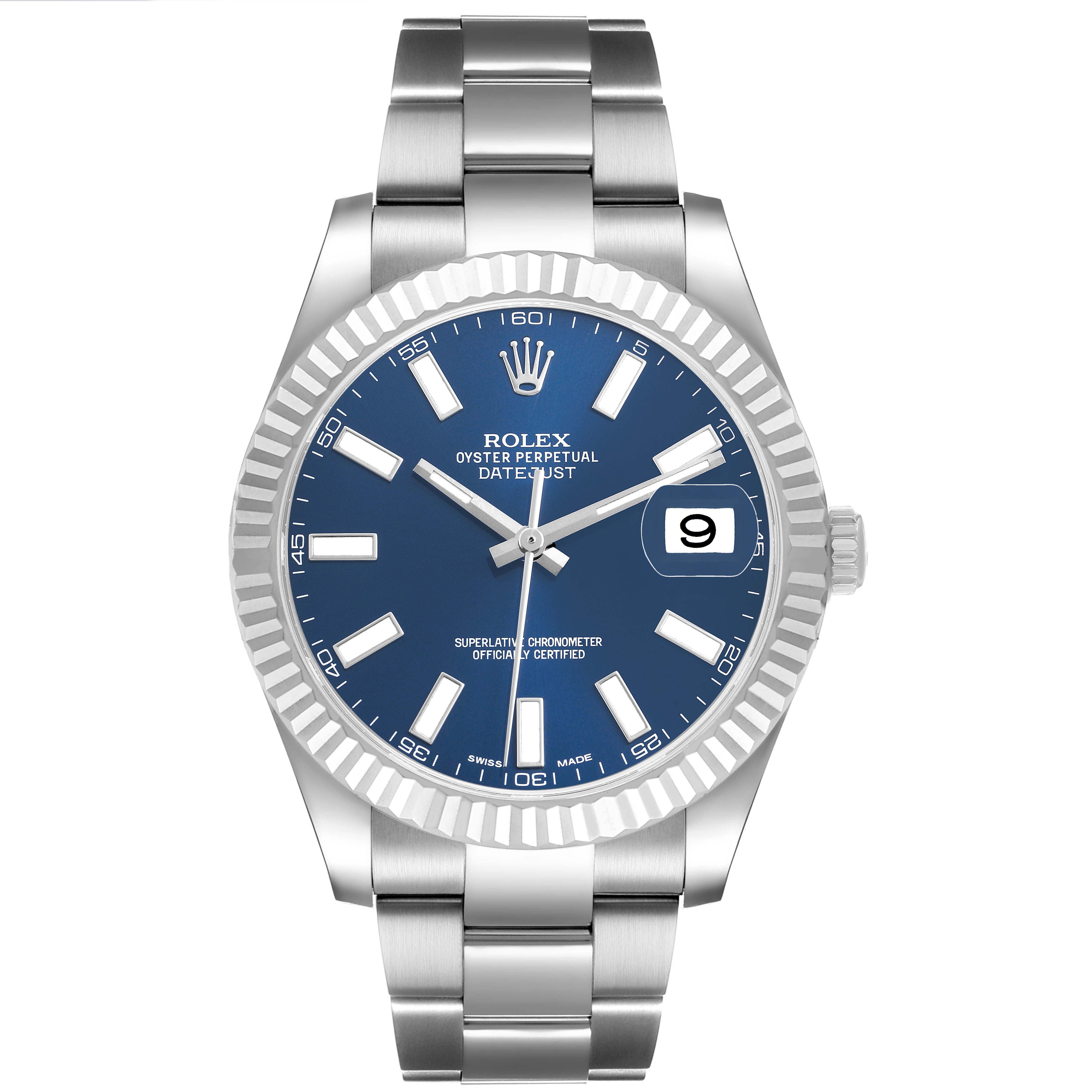 The Rolex Datejust 116334 Men's Stainless Steel Blue Dial is shown from a front angle, highlighting the blue dial, hour markers, hands, bezel, date window, and bracelet.