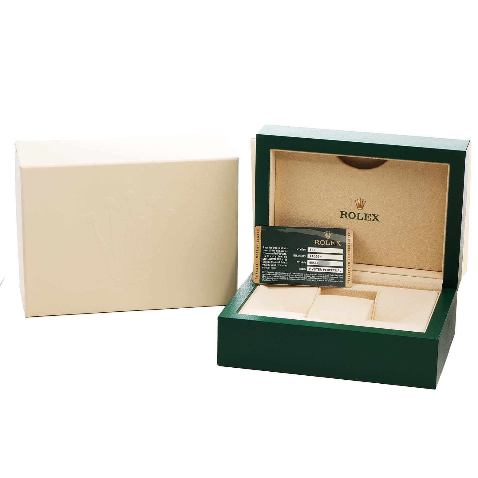 The image shows the open box and certificate for a Rolex Datejust 116334 Men's Stainless Steel Blue Dial watch, viewed from the front.