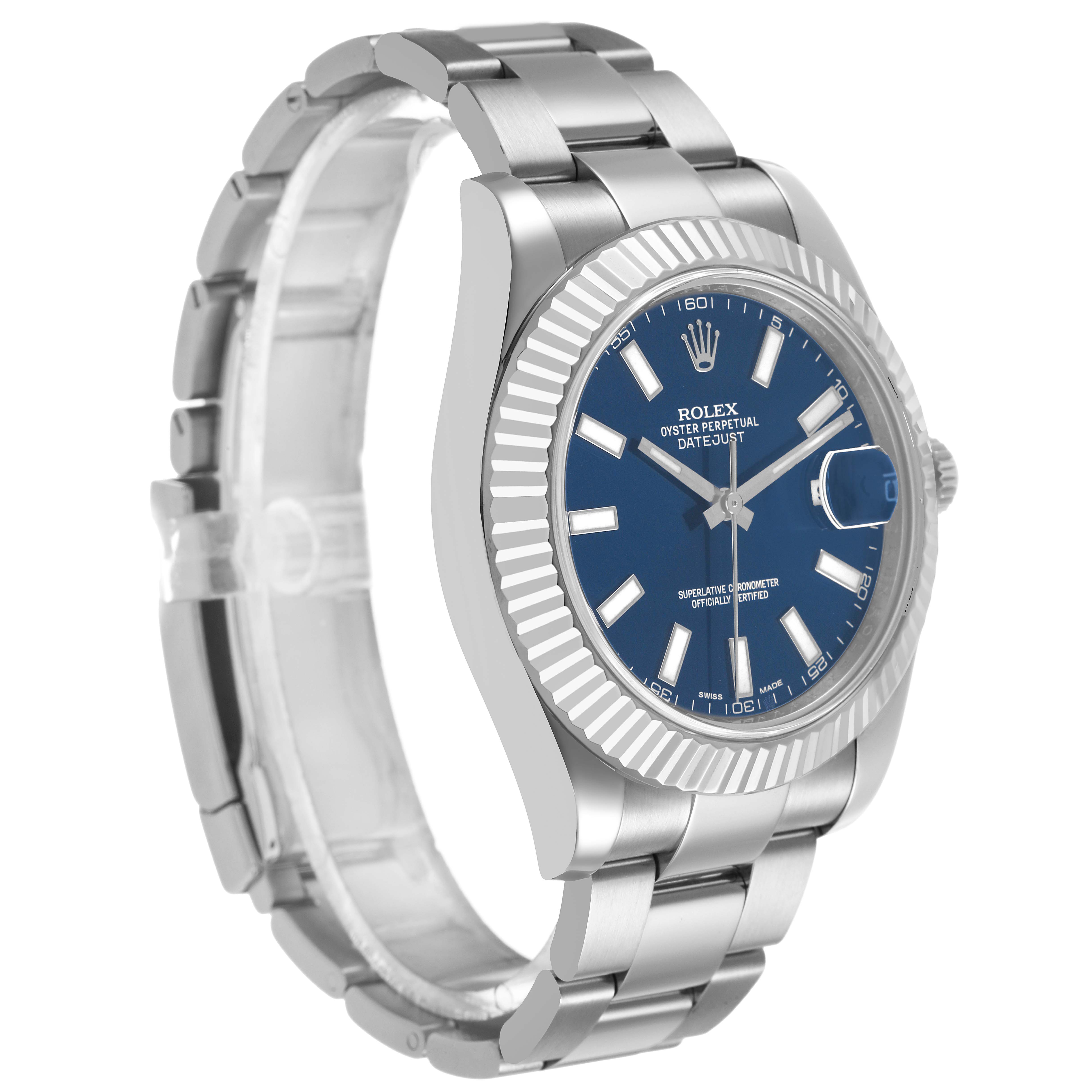 The Rolex Datejust 116334 Men's Stainless Steel Blue Dial is shown at an angled side view featuring the case, bracelet, fluted bezel, and blue dial.