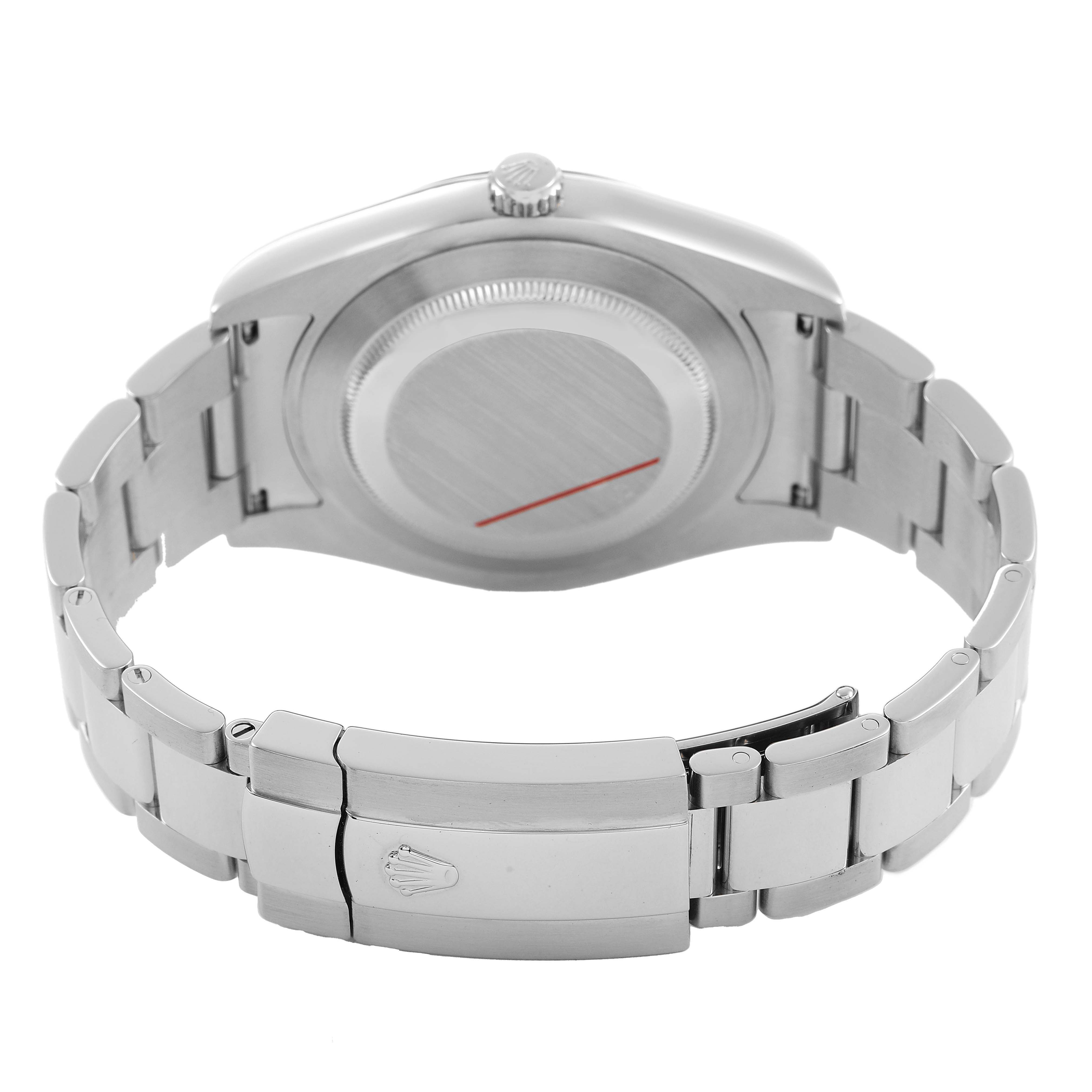 The image shows the back view of a Rolex Datejust 116334 Men's Stainless Steel Blue Dial, highlighting the case back and Oyster bracelet with the clasp.