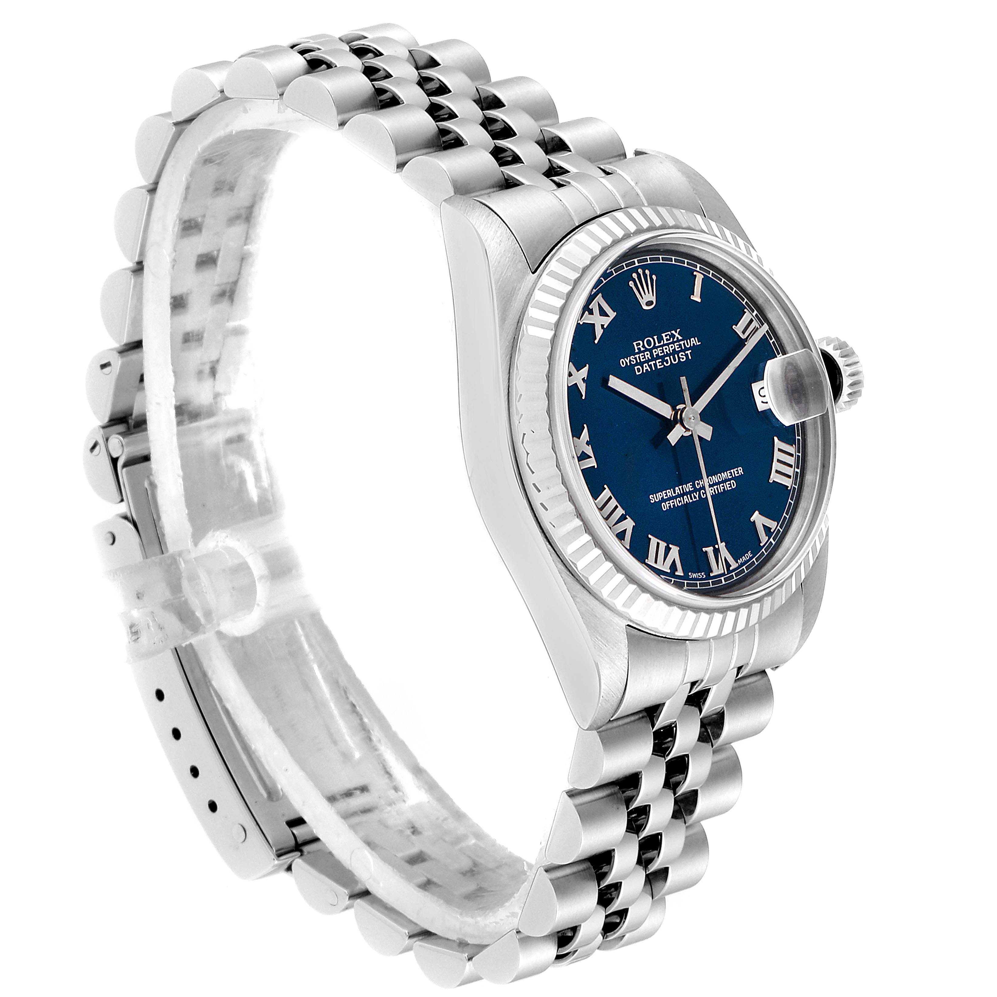 The Rolex Mid-Size 28322 Women
s Stainless Steel Blue Dial 28322 Women
s Stainless Steel Blue Dial model watch is shown at a three-quarter angle, displaying the face, bezel, crown, and bracelet.