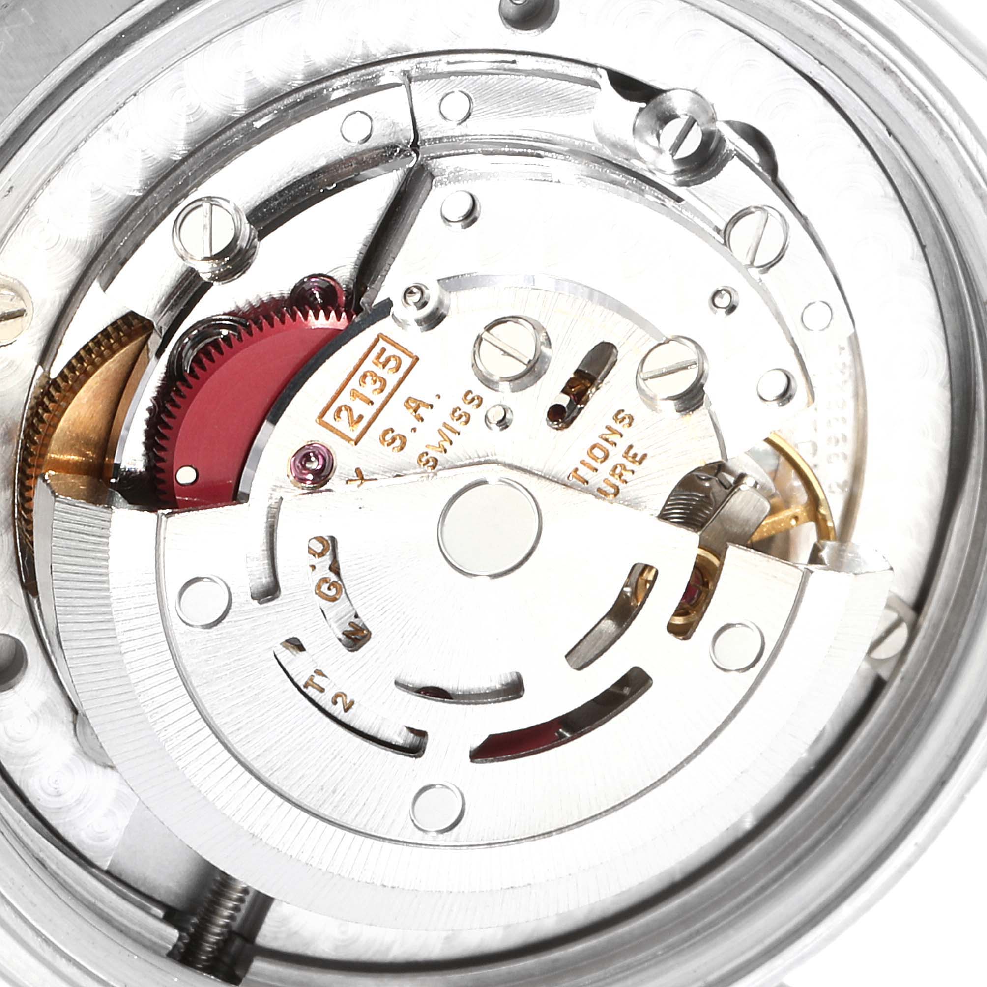 This close-up view shows the internal movement mechanism of a Rolex Mid-Size 28322 Women
s Stainless Steel Blue Dial 28322 Women
s Stainless Steel Blue Dial model watch.