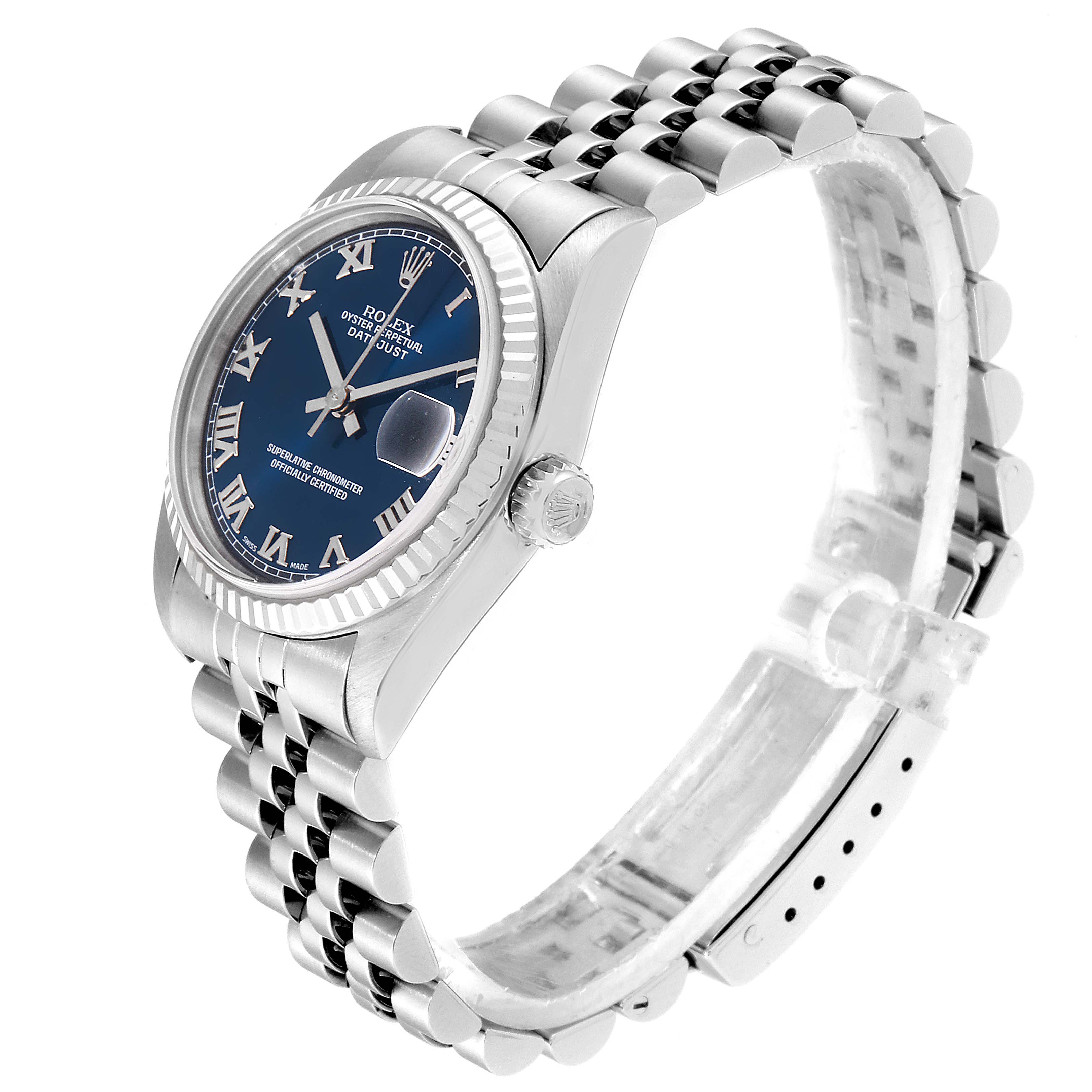 The Rolex Mid-Size 28322 Women
s Stainless Steel Blue Dial 28322 Women
s Stainless Steel Blue Dial model watch is shown at an angled view, highlighting the face, bezel, crown, and bracelet.