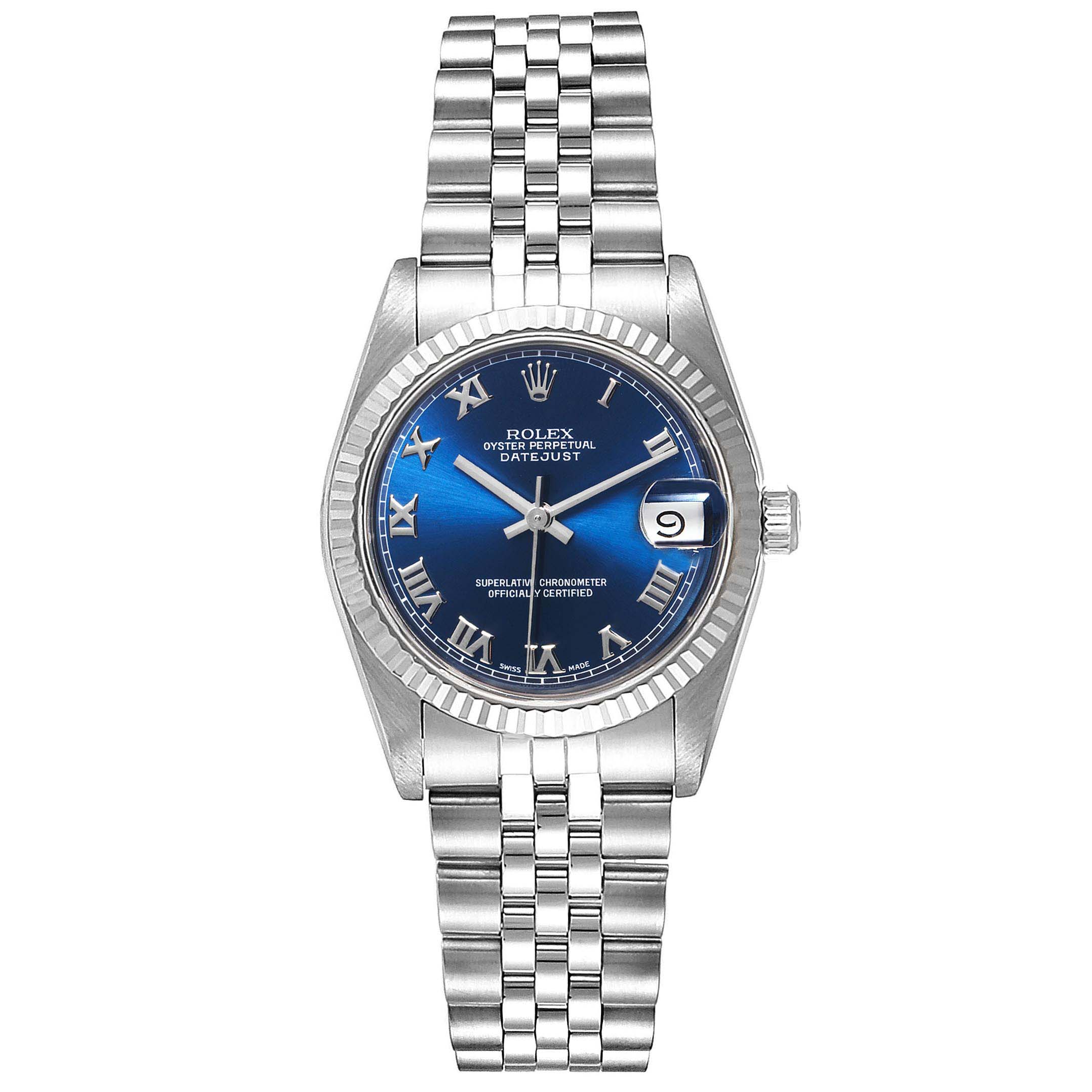 The image shows a front view of a Rolex Mid-Size 28322 Women
s Stainless Steel Blue Dial 28322 Women
s Stainless Steel Blue Dial Oyster Perpetual Datejust watch with a blue dial and a Jubilee bracelet.