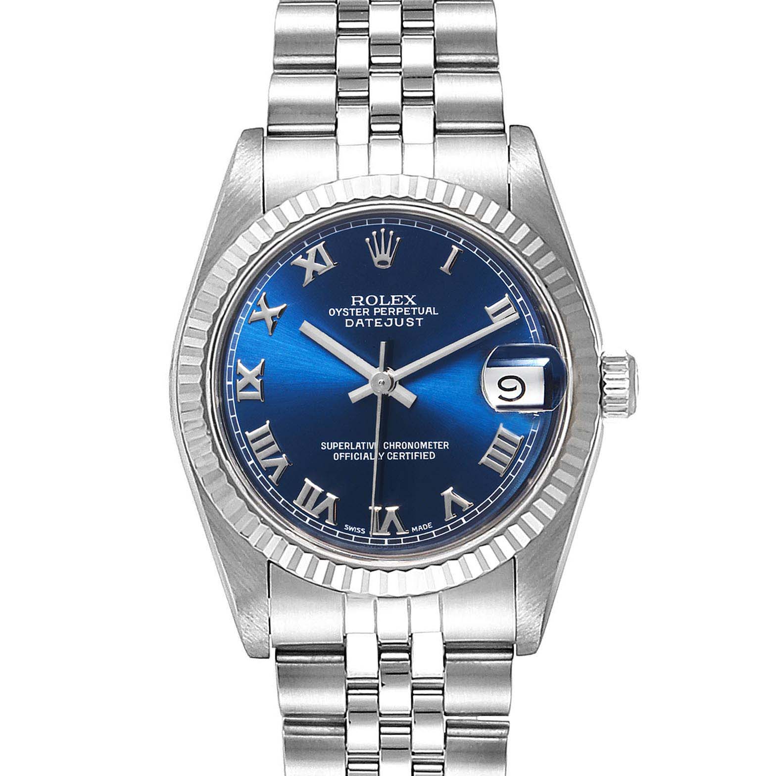 This is a front view of a Rolex Mid-Size 28322 Women
s Stainless Steel Blue Dial 28322 Women
s Stainless Steel Blue Dial Datejust watch, showing the blue dial, roman numerals, fluted bezel, and jubilee bracelet.