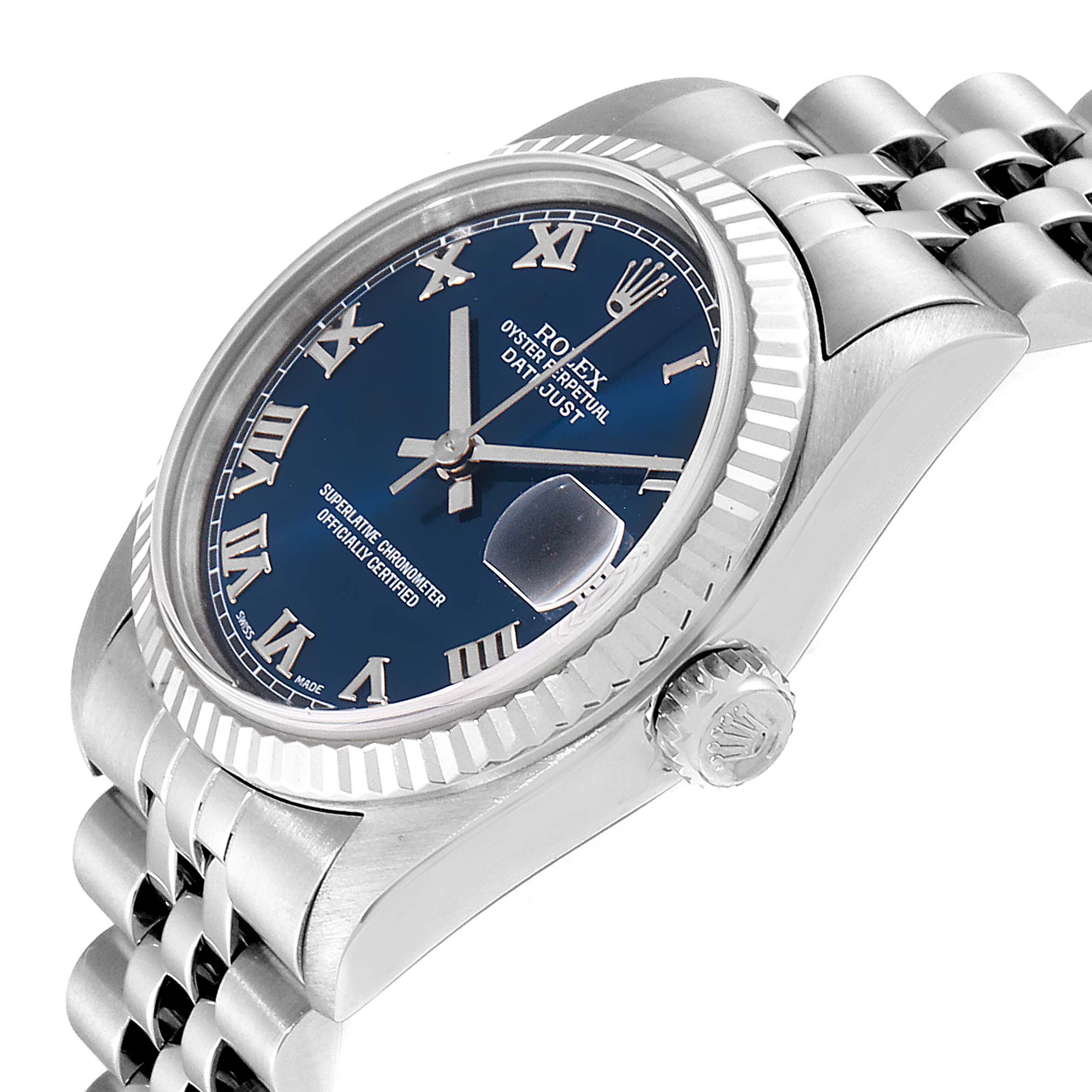 This image shows a side angle of the Rolex Mid-Size 28322 Women
s Stainless Steel Blue Dial 28322 Women
s Stainless Steel Blue Dial Datejust, highlighting the crown, fluted bezel, and a part of the bracelet.