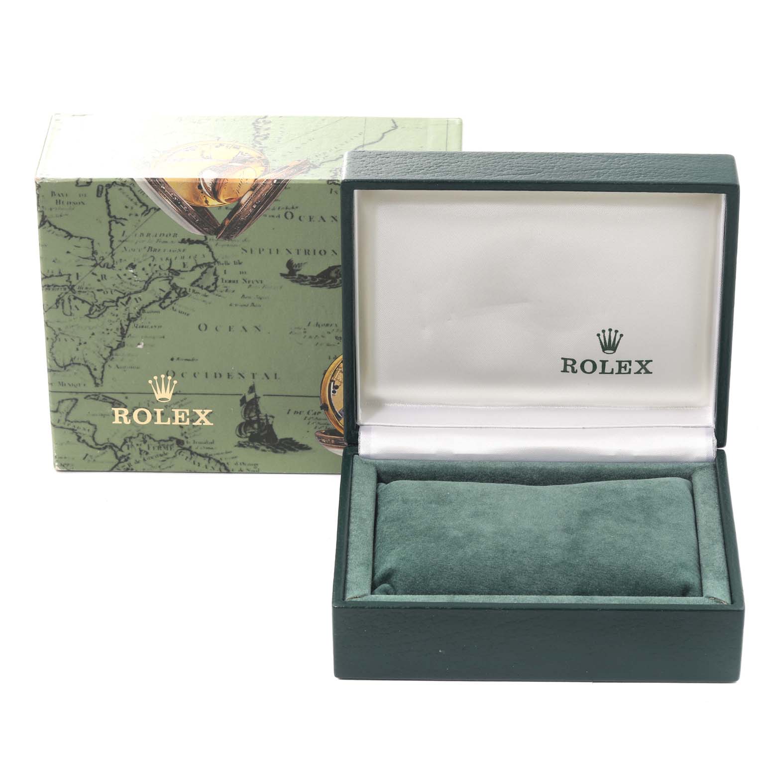 The image shows an open Rolex watch box and its outer box with the Rolex logo, designed for a mid-size model watch.