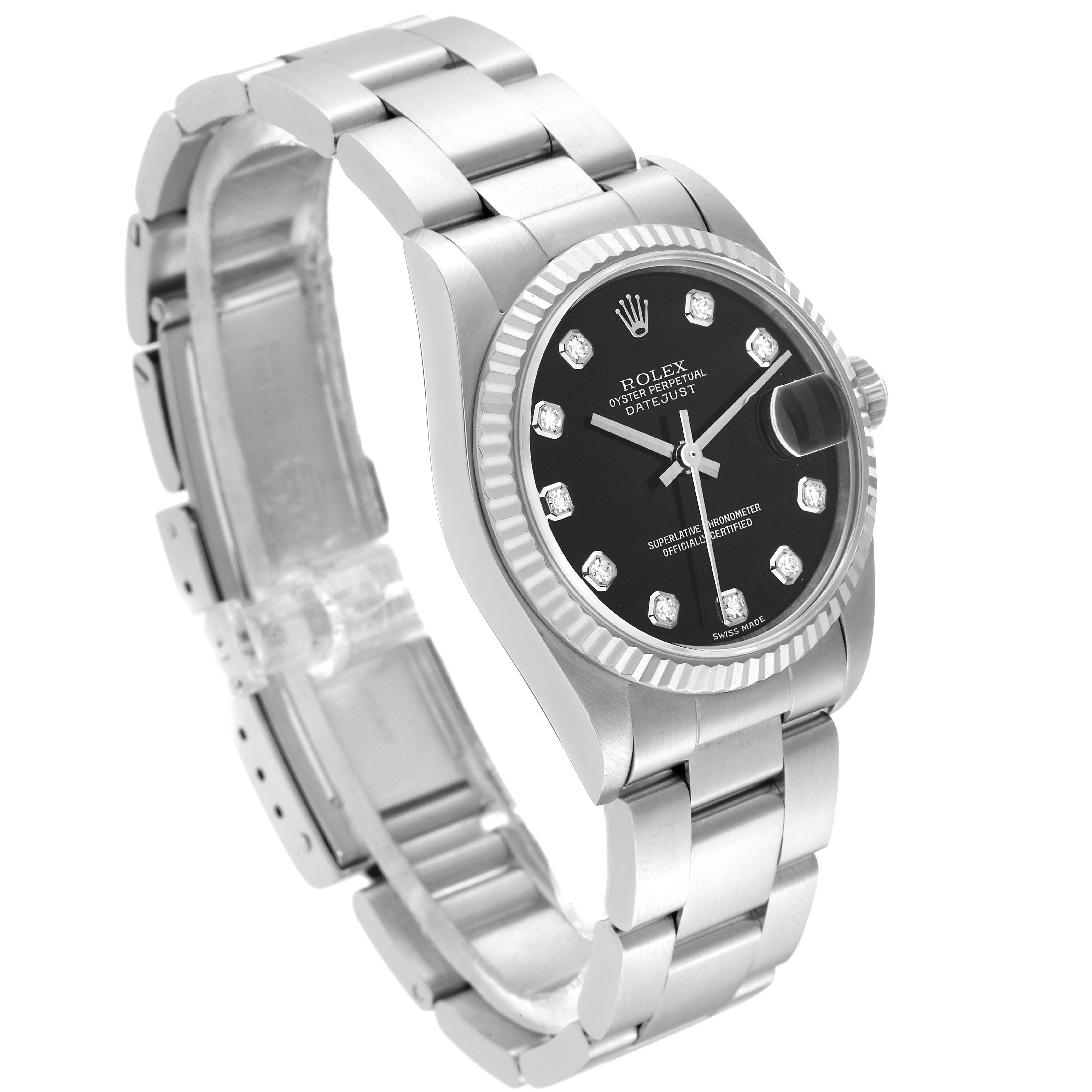 This image shows a Rolex Mid-Size 78274 Women's Stainless Steel Black Dial 78274 Women's Stainless Steel Black Dial watch, viewed at an angle displaying the face, bezel, and bracelet.