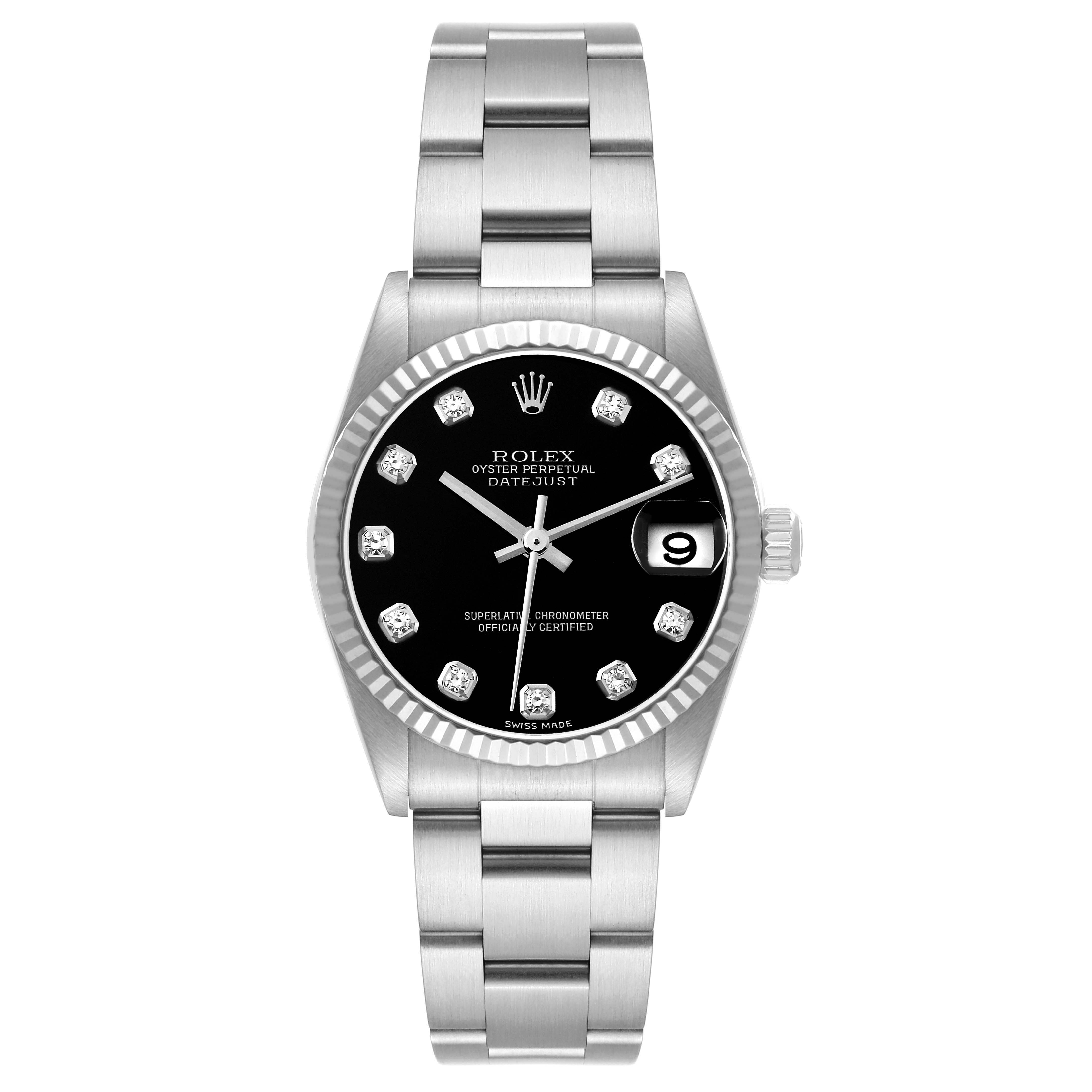 This Rolex Mid-Size 78274 Women's Stainless Steel Black Dial 78274 Women's Stainless Steel Black Dial Datejust watch is shown from a front angle, displaying the face, bezel, bracelet, and crown.
