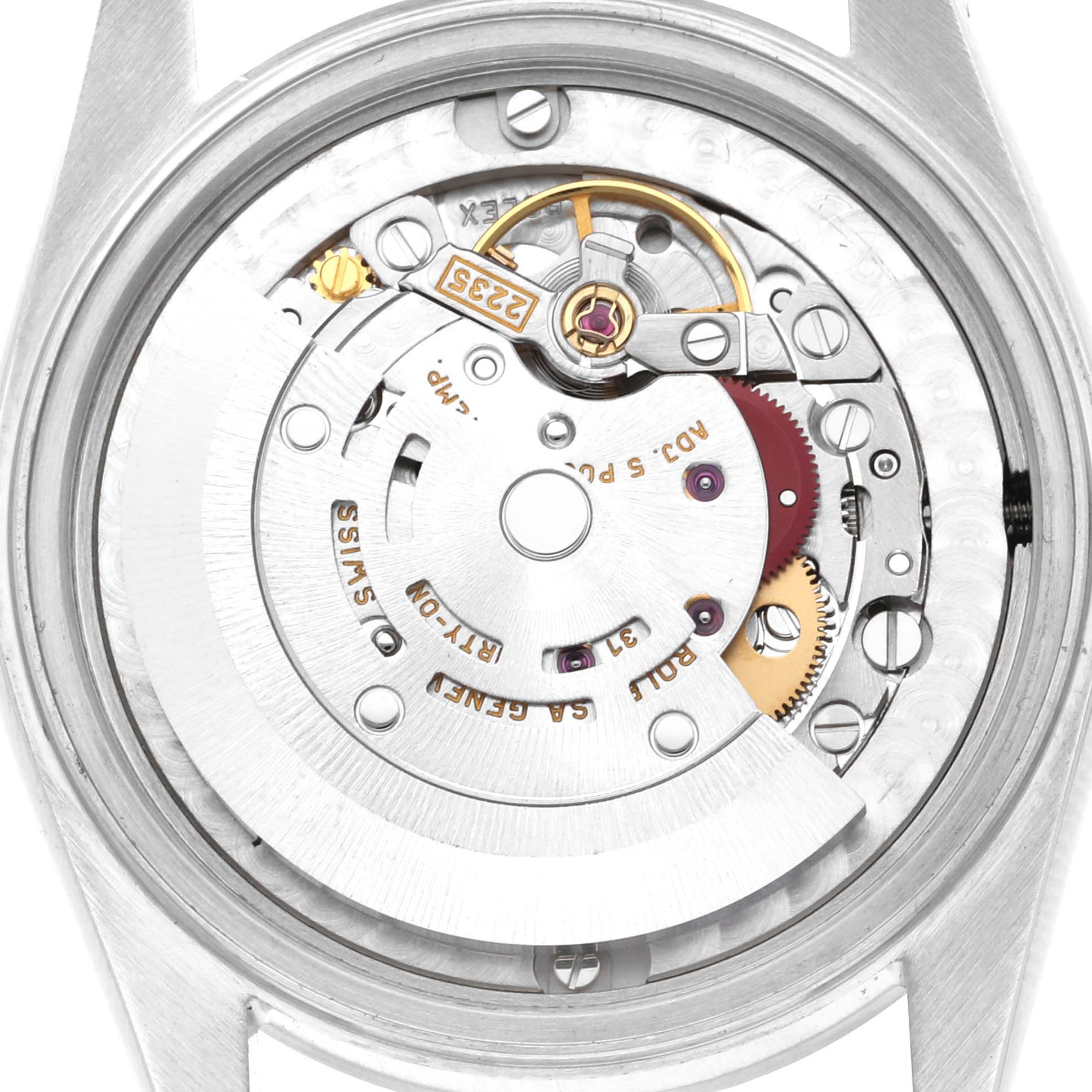 The image shows the internal mechanism of a Rolex Mid-Size 78274 Women's Stainless Steel Black Dial 78274 Women's Stainless Steel Black Dial model watch from a rear angle, revealing the movement parts.
