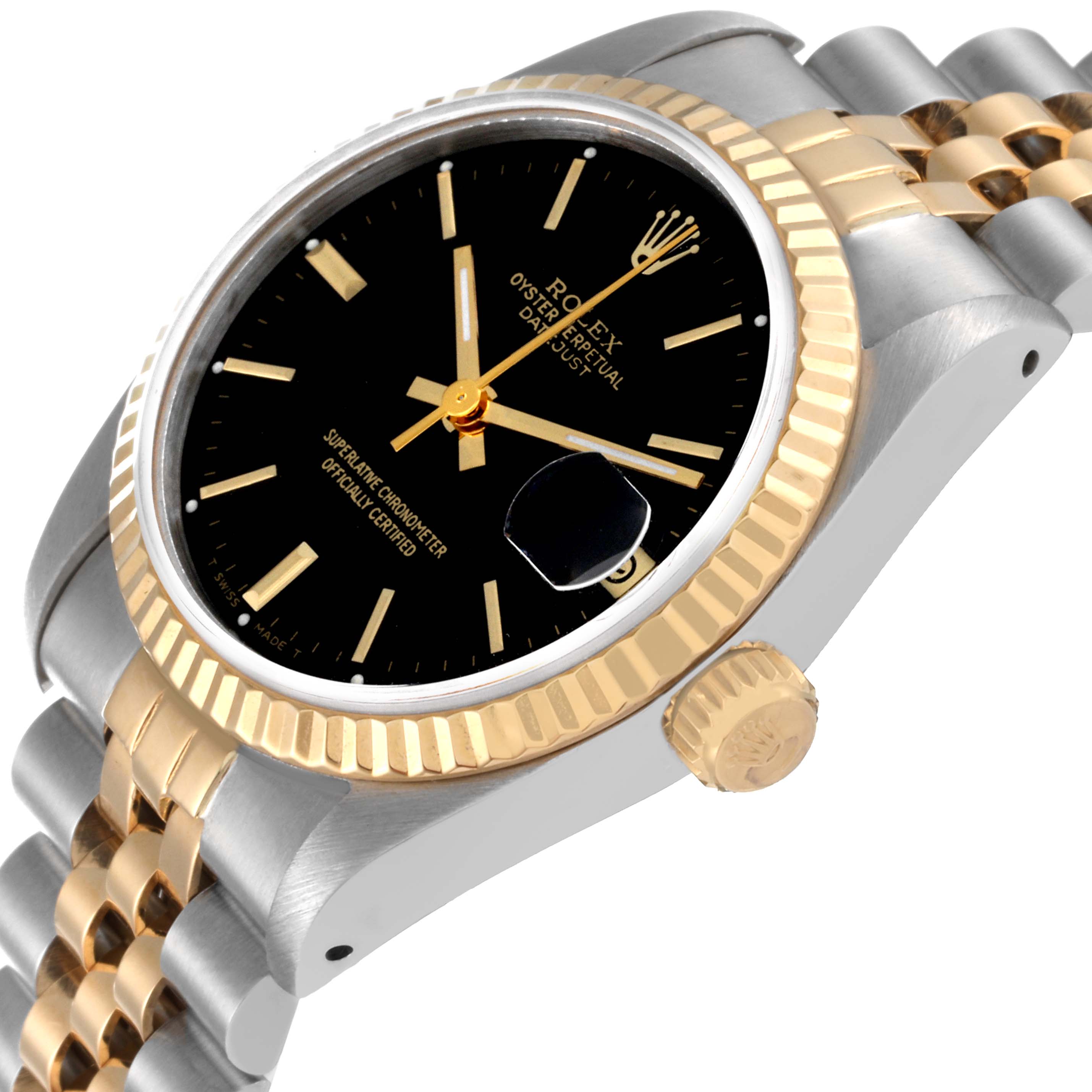 The image shows a close-up of the face and bezel of a Rolex Mid-Size 68273 Women
s Steel and Gold (two tone) Black Dial 68273 Women
s Steel and Gold (two tone) Black Dial model, highlighting the black dial and date magnification.