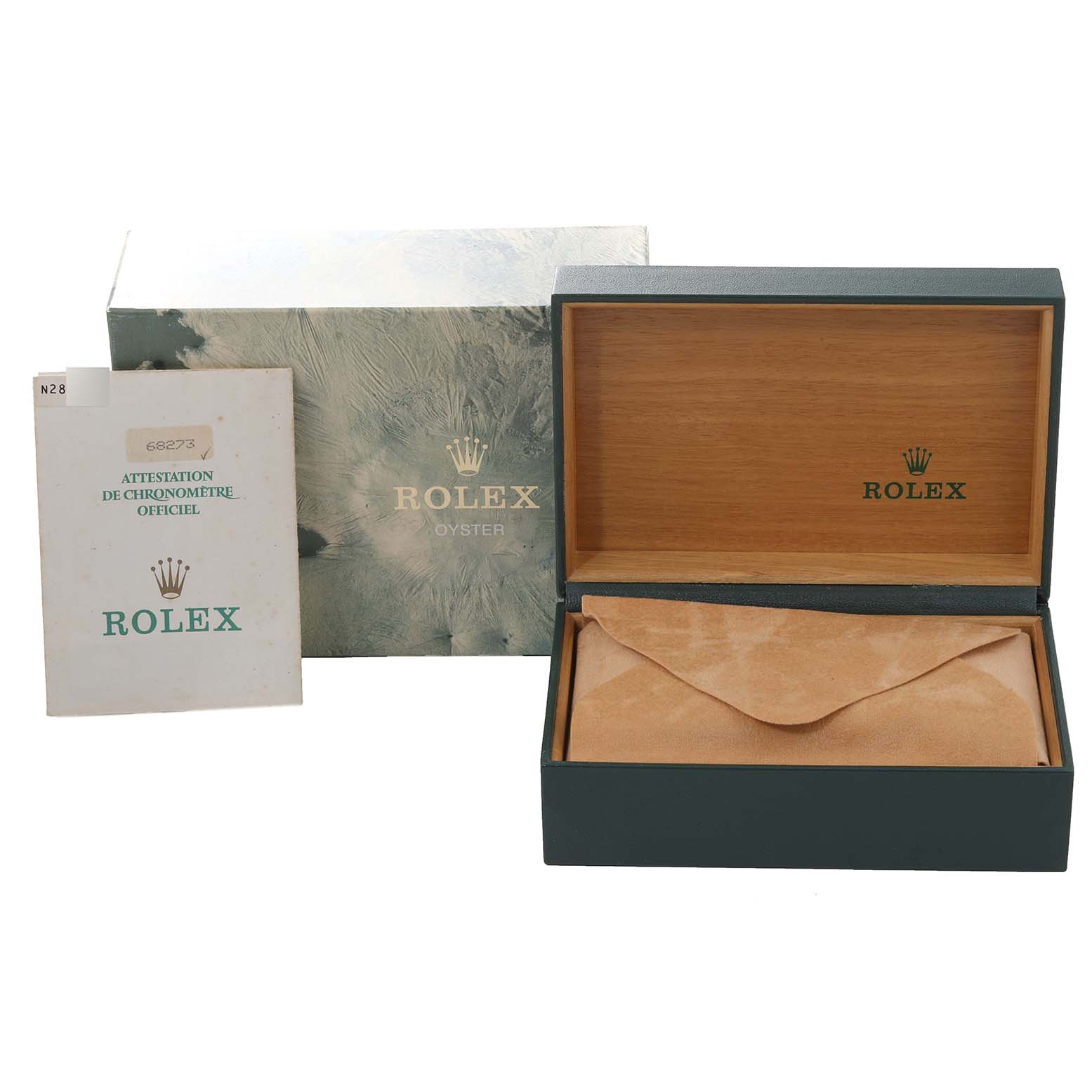 The image shows the packaging, box, and certification booklet for a Mid-Size Rolex watch, including the outer and inner box.