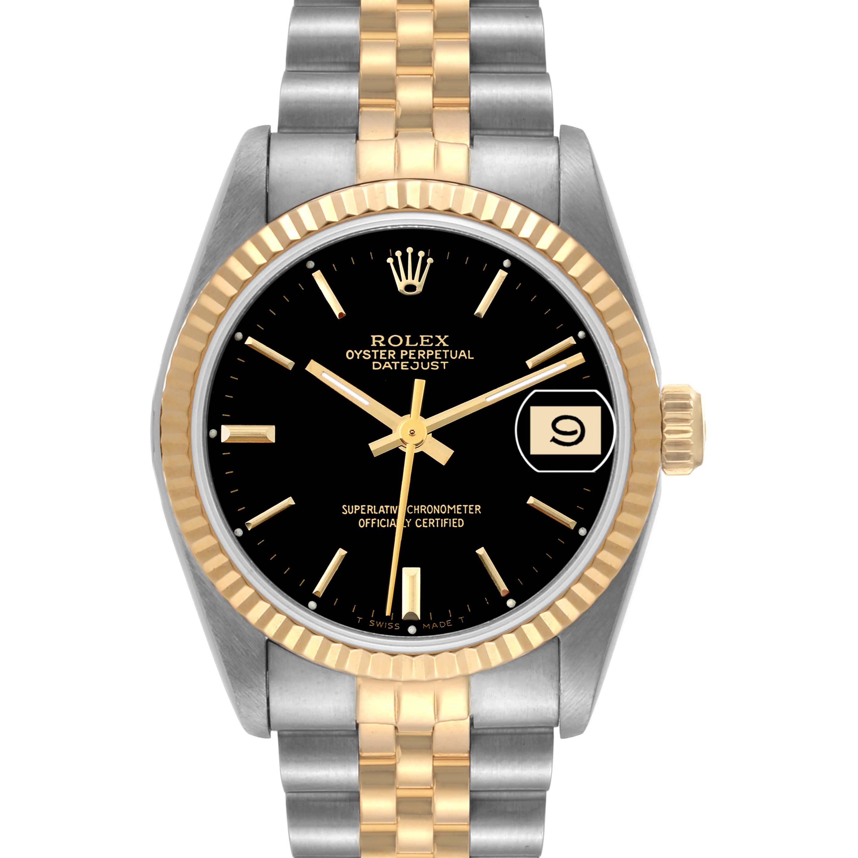 This image shows a front view of the Rolex Oyster Perpetual Datejust Mid-Size model, featuring a black dial and a two-tone bracelet.