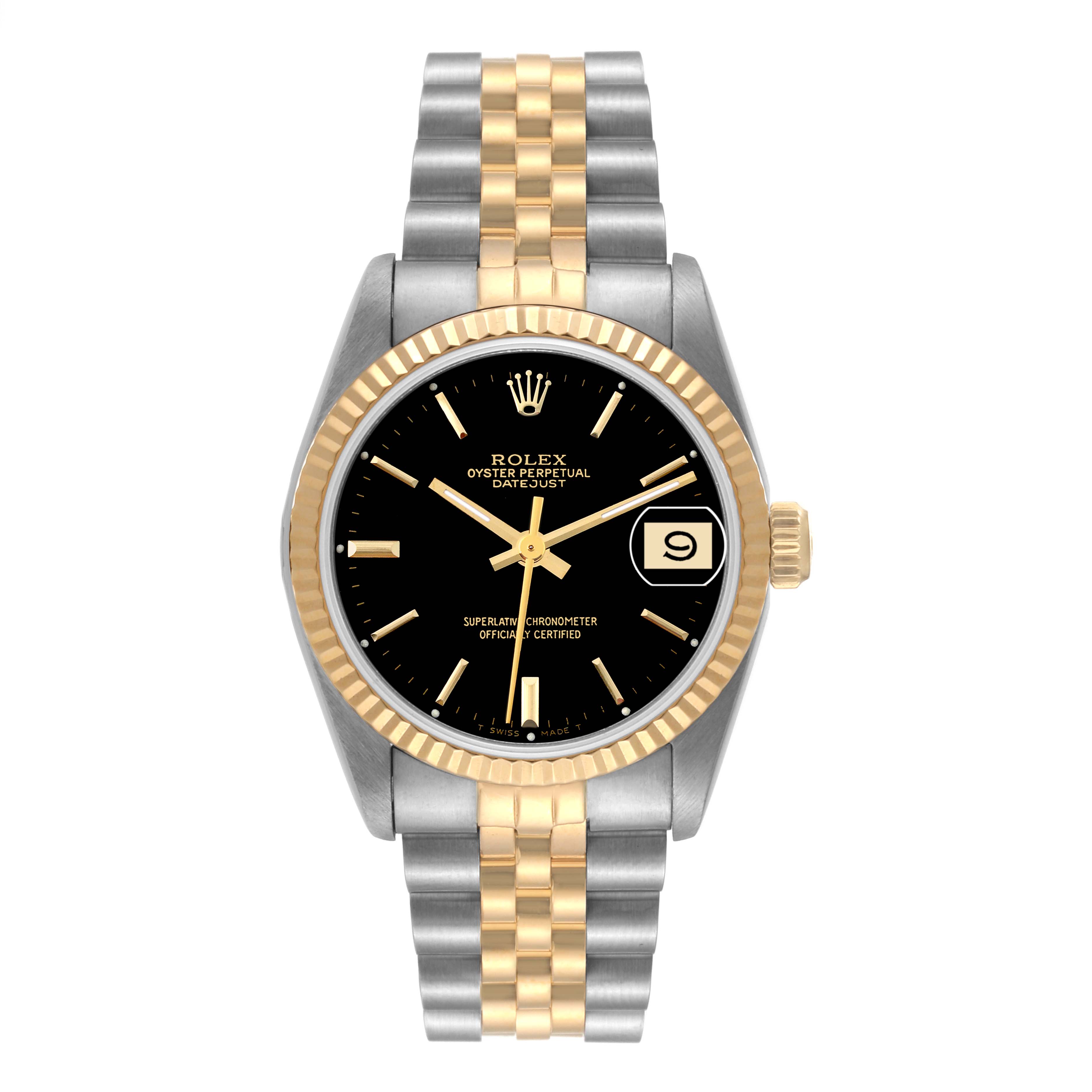 This image shows a front view of a Mid-Size Rolex Datejust watch with a two-tone bracelet and a black dial.