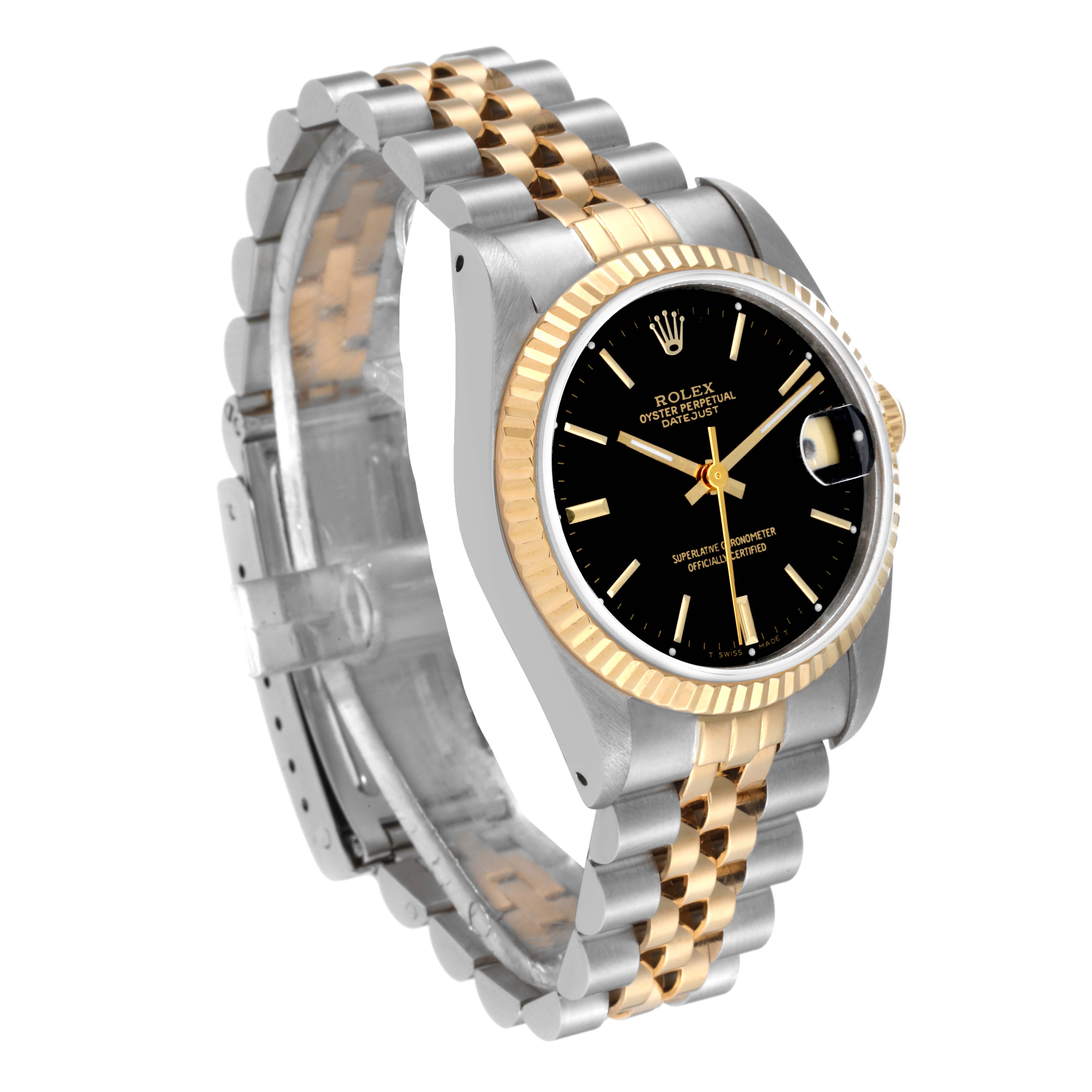This image shows a Rolex Mid-Size 68273 Women
s Steel and Gold (two tone) Black Dial 68273 Women
s Steel and Gold (two tone) Black Dial watch at an angled view, highlighting its two-tone bracelet, fluted bezel, and black dial.