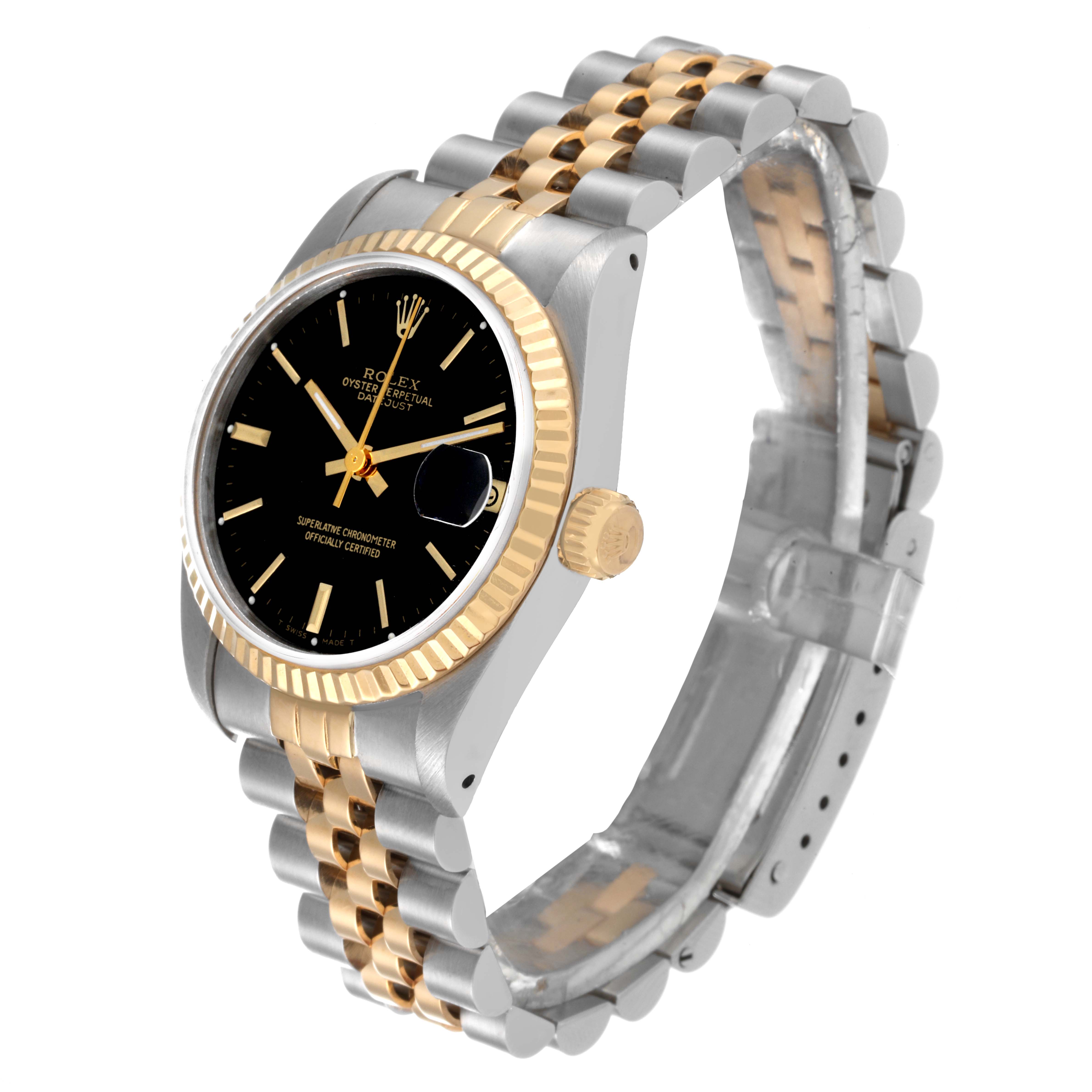 The Rolex Mid-Size 68273 Women
s Steel and Gold (two tone) Black Dial 68273 Women
s Steel and Gold (two tone) Black Dial watch is shown at an oblique angle, featuring its black dial, gold fluted bezel, and two-tone jubilee bracelet.