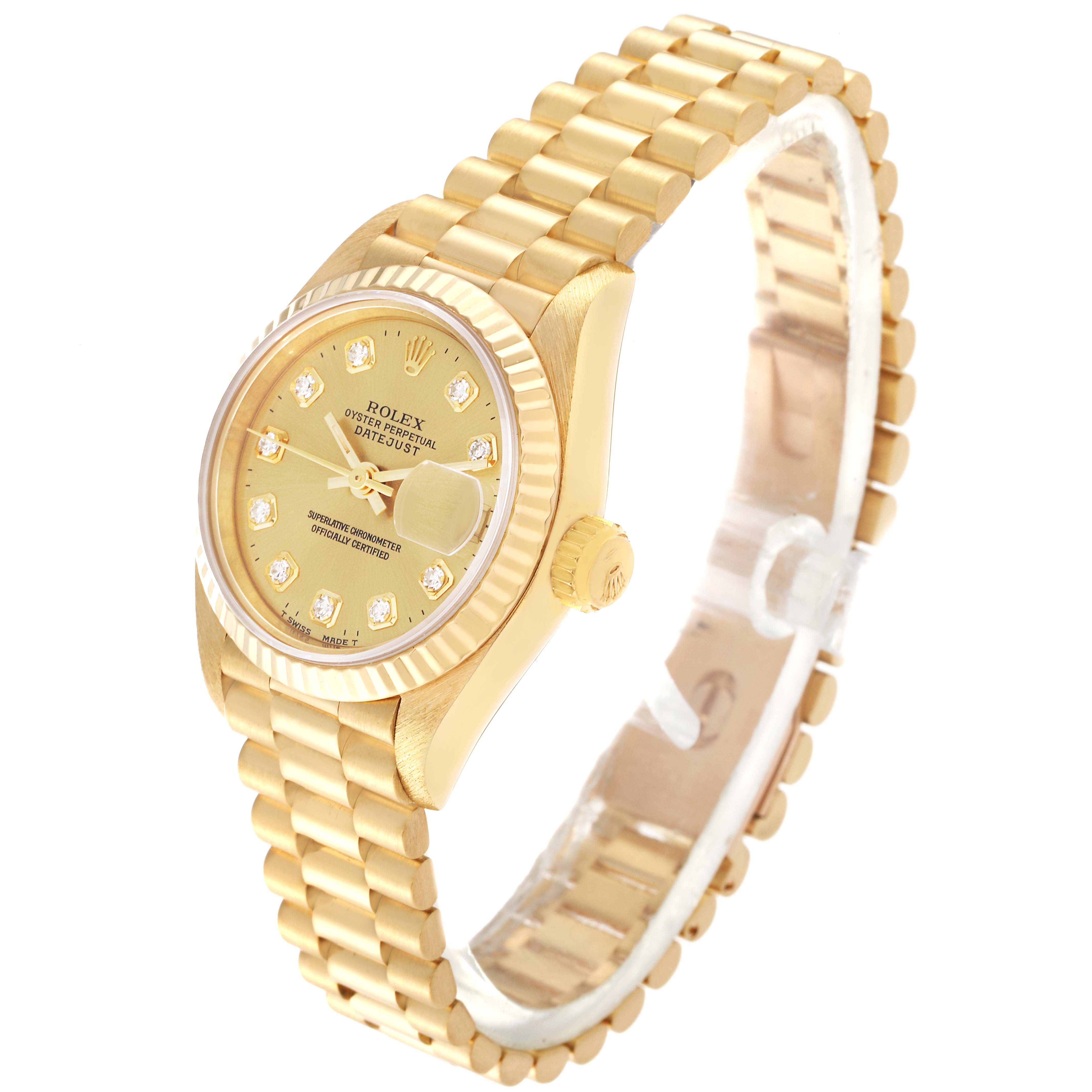 This image shows a Rolex President 69178 Women's Yellow Gold Champagne Dial 69178 Women's Yellow Gold Champagne Dial model watch from an angled side view, highlighting the gold bracelet, dial, and bezel.