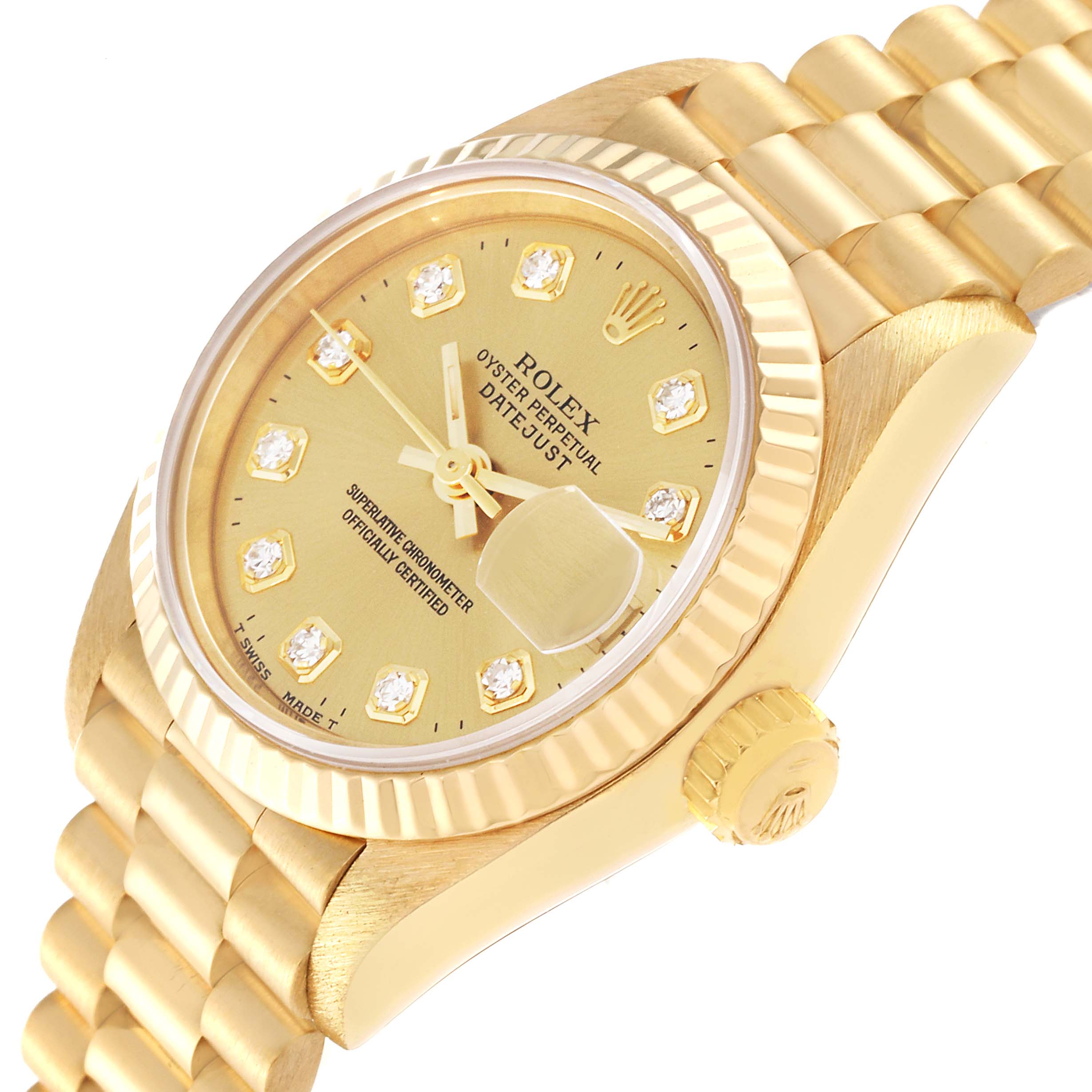The Rolex President 69178 Women's Yellow Gold Champagne Dial 69178 Women's Yellow Gold Champagne Dial model watch is shown at an angled close-up, displaying its gold case, bracelet, dial, and diamond hour markers.
