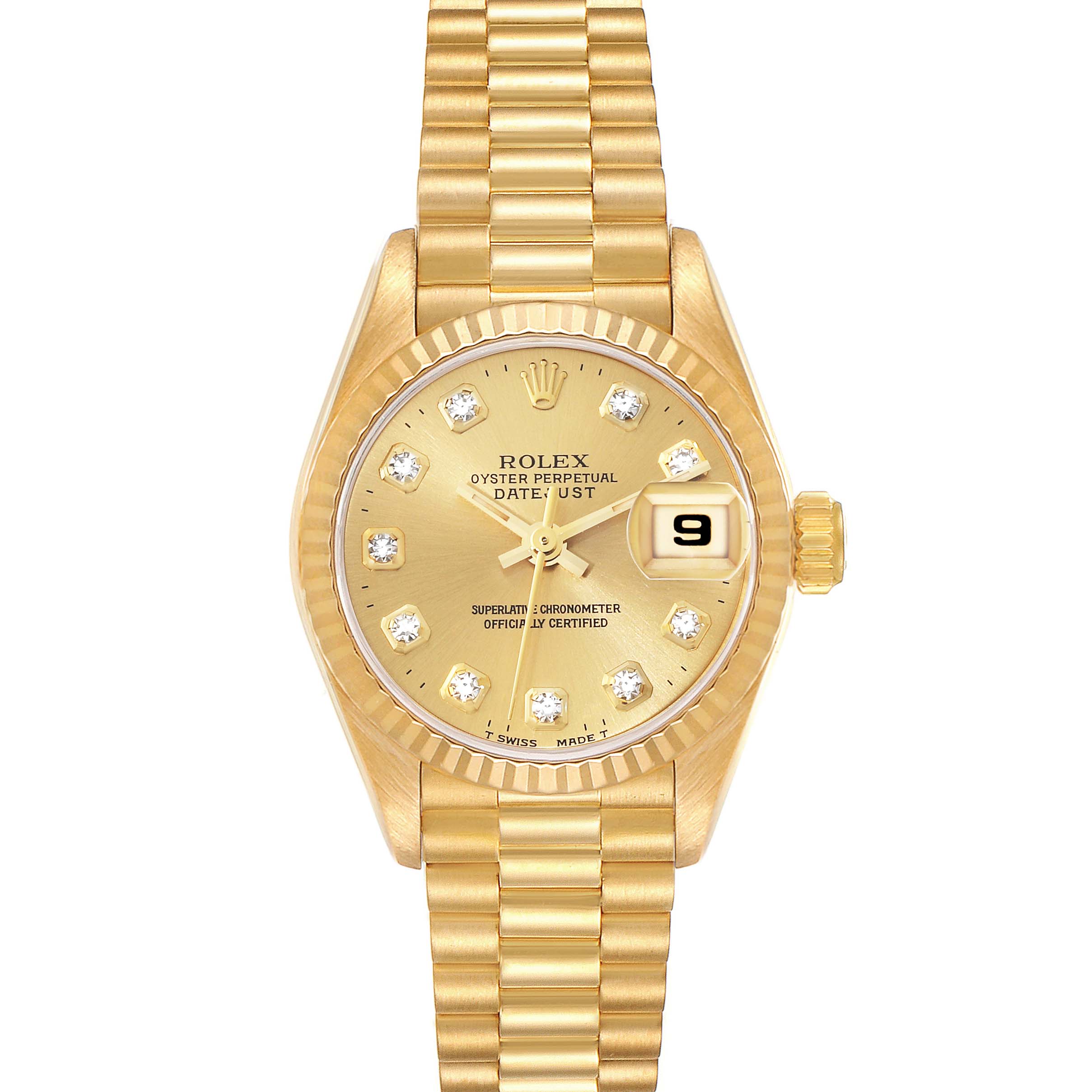 The Rolex President 69178 Women's Yellow Gold Champagne Dial 69178 Women's Yellow Gold Champagne Dial model watch is shown in a straight-on angle, highlighting its gold band, bezel, dial, and date window.