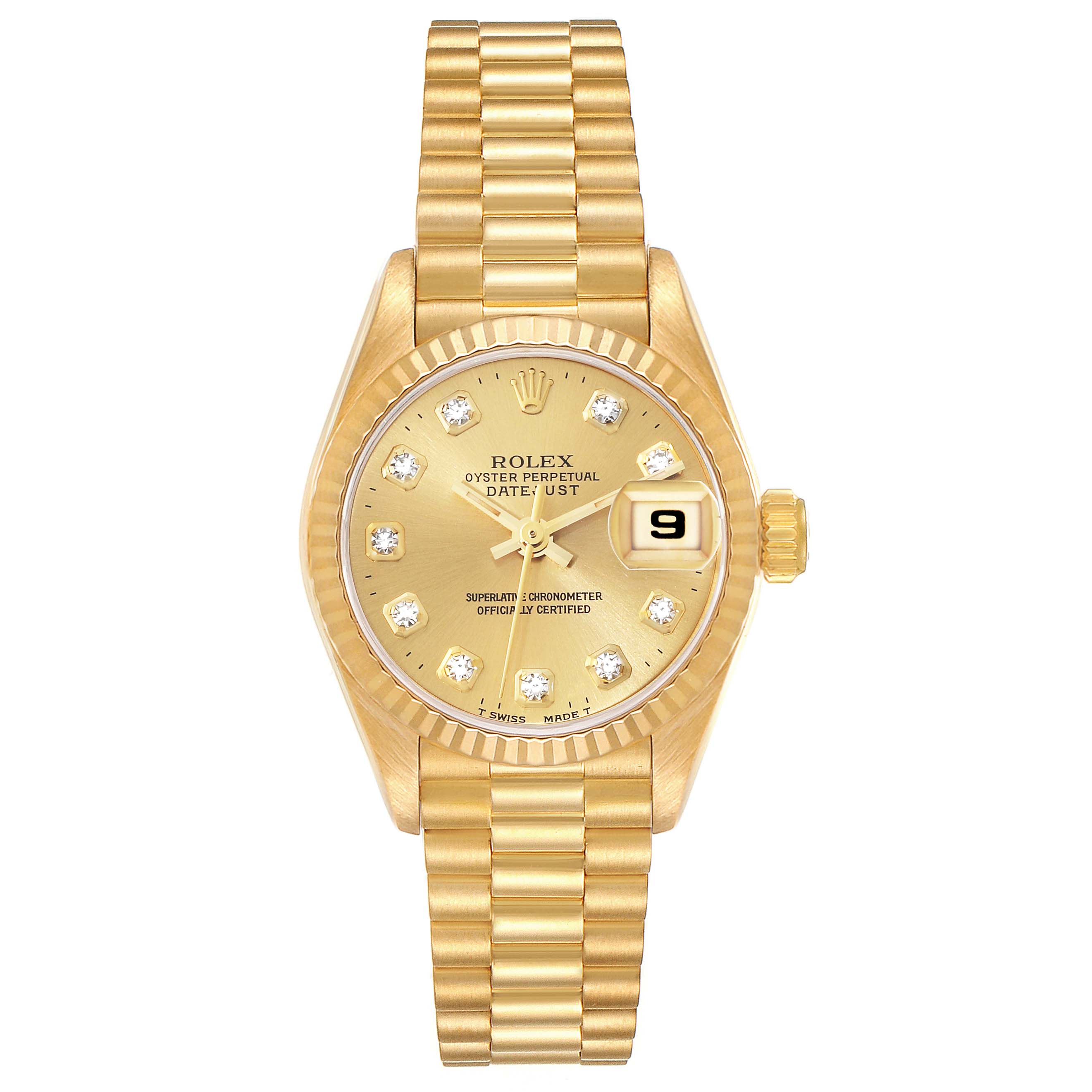 The image shows a front view of a Rolex President 69178 Women's Yellow Gold Champagne Dial 69178 Women's Yellow Gold Champagne Dial model watch, highlighting its gold face, date window, and gold bracelet.