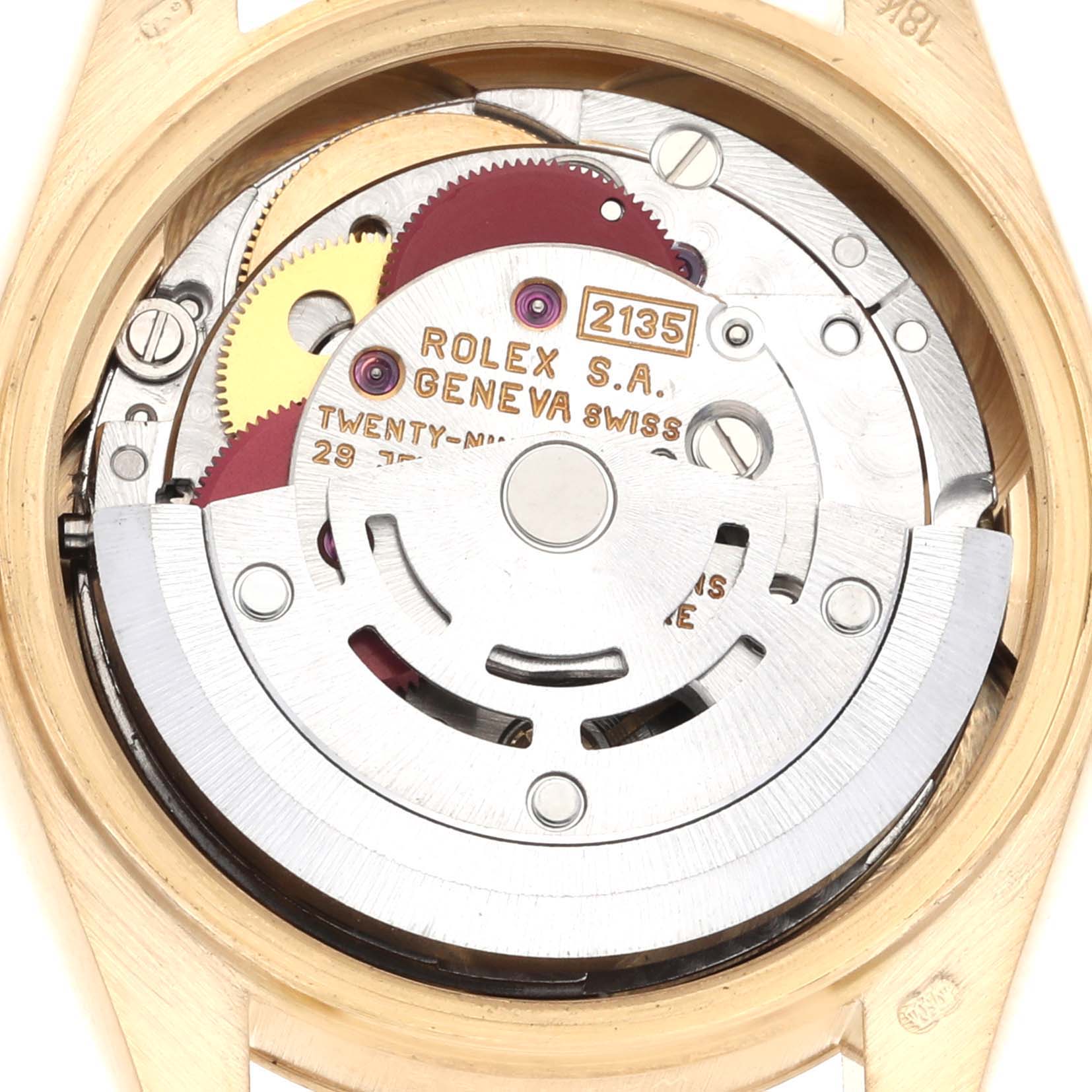 The image shows the internal mechanism and movement of a Rolex President 69178 Women's Yellow Gold Champagne Dial 69178 Women's Yellow Gold Champagne Dial model watch, viewed from the back.