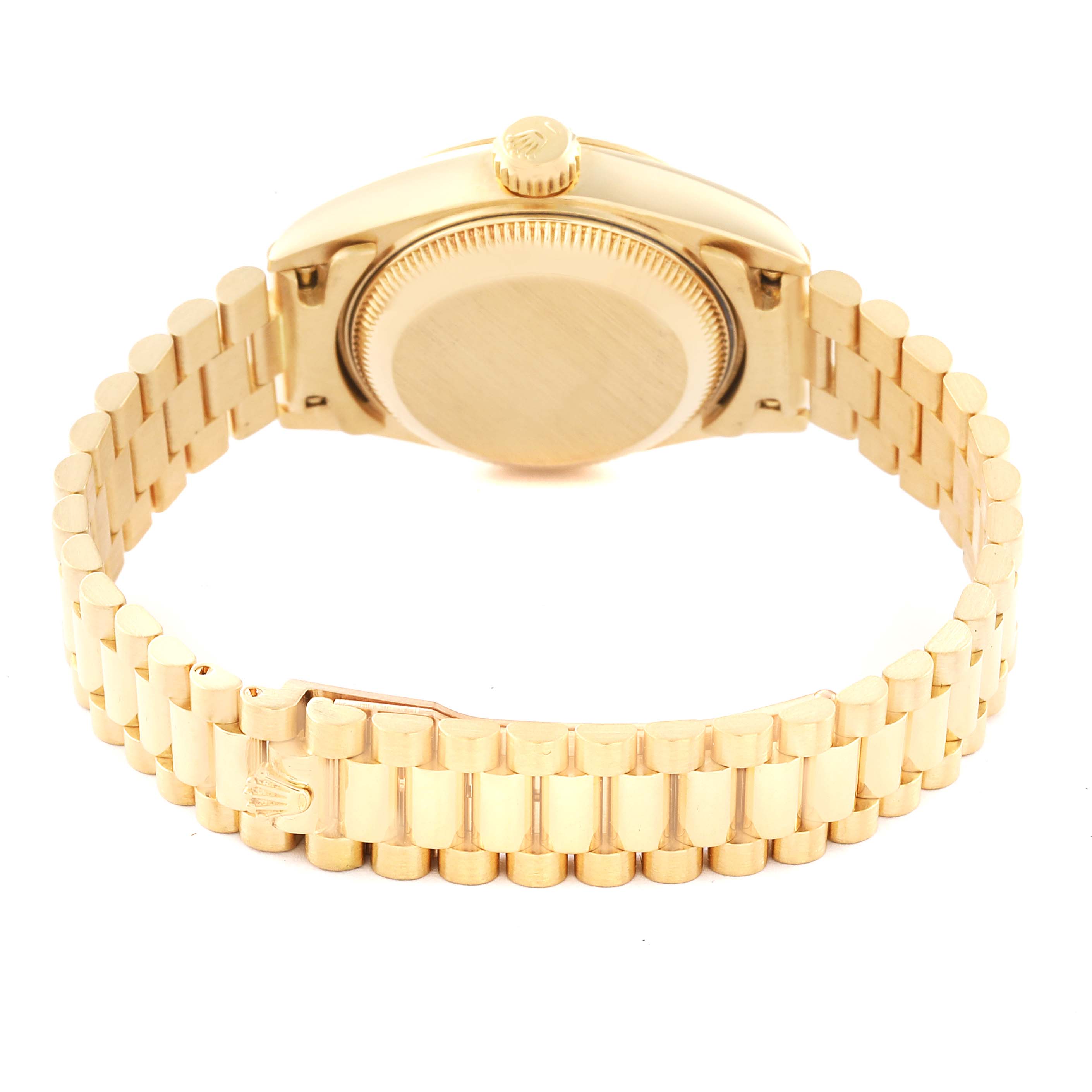 This image shows the back view of a Rolex President 69178 Women's Yellow Gold Champagne Dial 69178 Women's Yellow Gold Champagne Dial model watch, highlighting the case back and the gold bracelet.