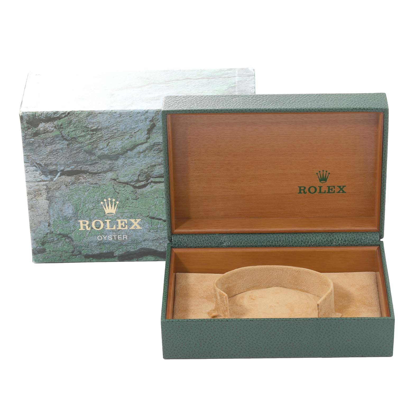 The image shows an open Rolex Datejust 16220 Men's Stainless Steel Silver Dial 16220 Men's Stainless Steel Silver Dial watch box with an outer box, viewed from the front.