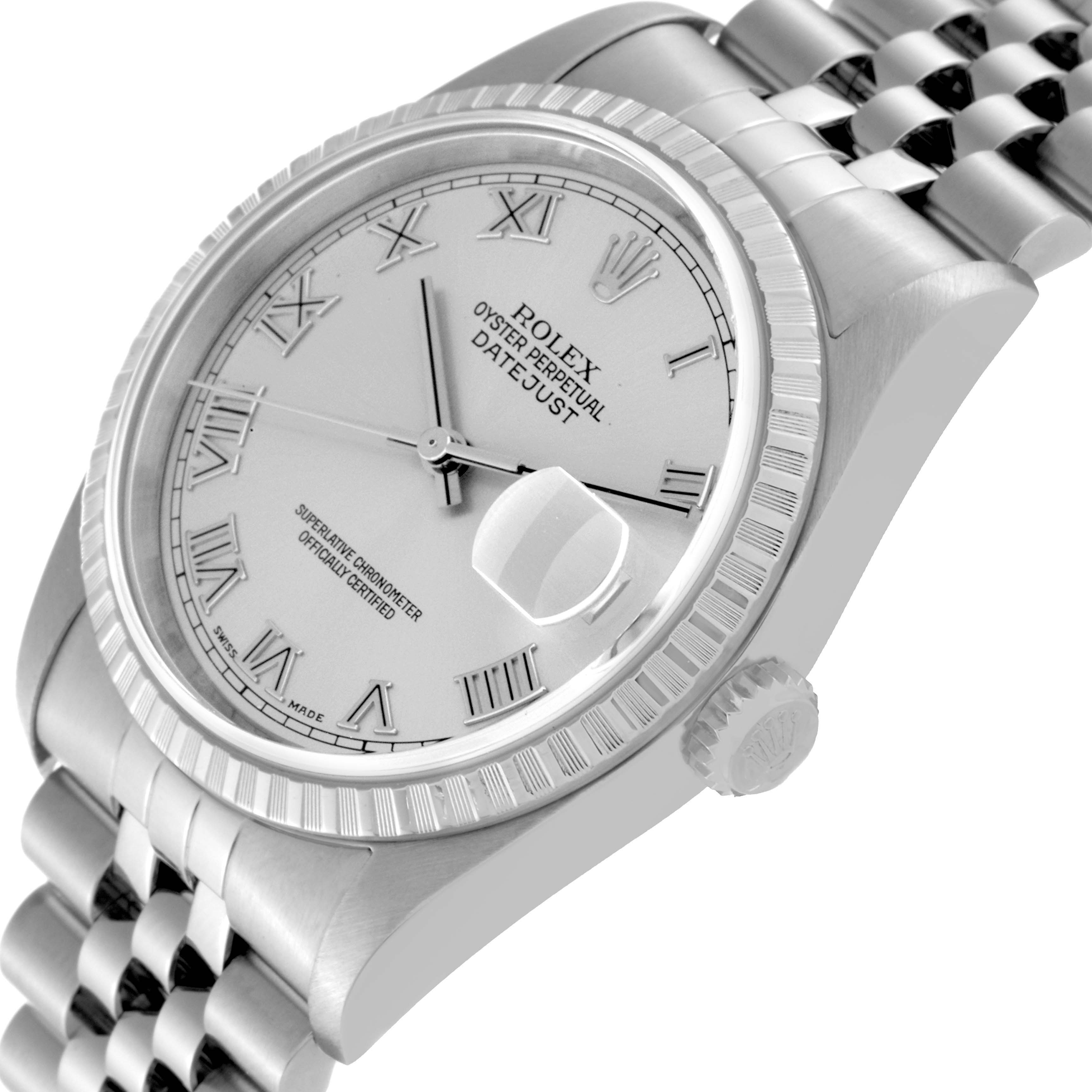 The image shows a Rolex Datejust 16220 Men's Stainless Steel Silver Dial 16220 Men's Stainless Steel Silver Dial watch at a slight angle, highlighting the dial, bezel, and part of the bracelet.