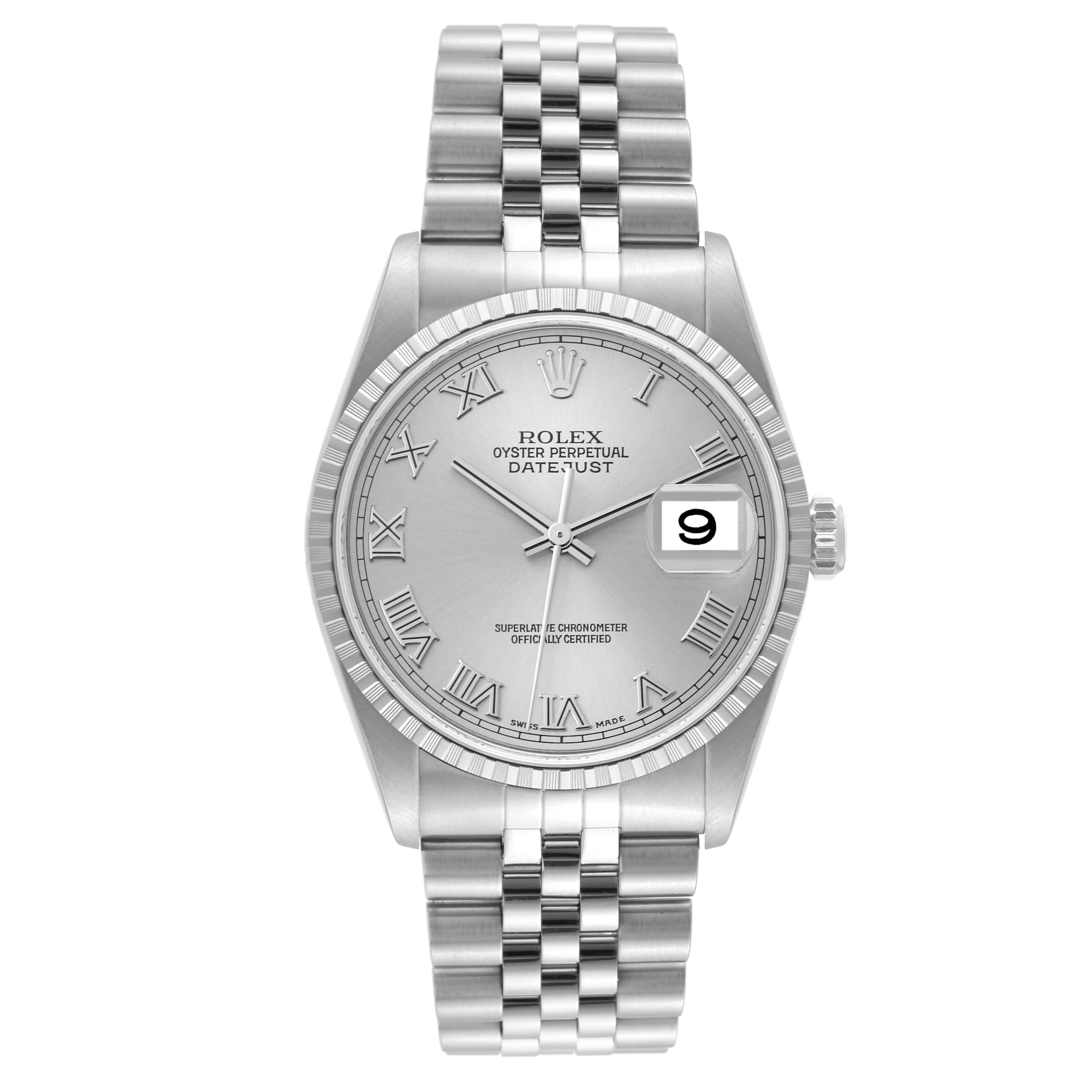 The image shows a Rolex Datejust 16220 Men's Stainless Steel Silver Dial 16220 Men's Stainless Steel Silver Dial watch from a front angle, highlighting its face, bracelet, and date window.
