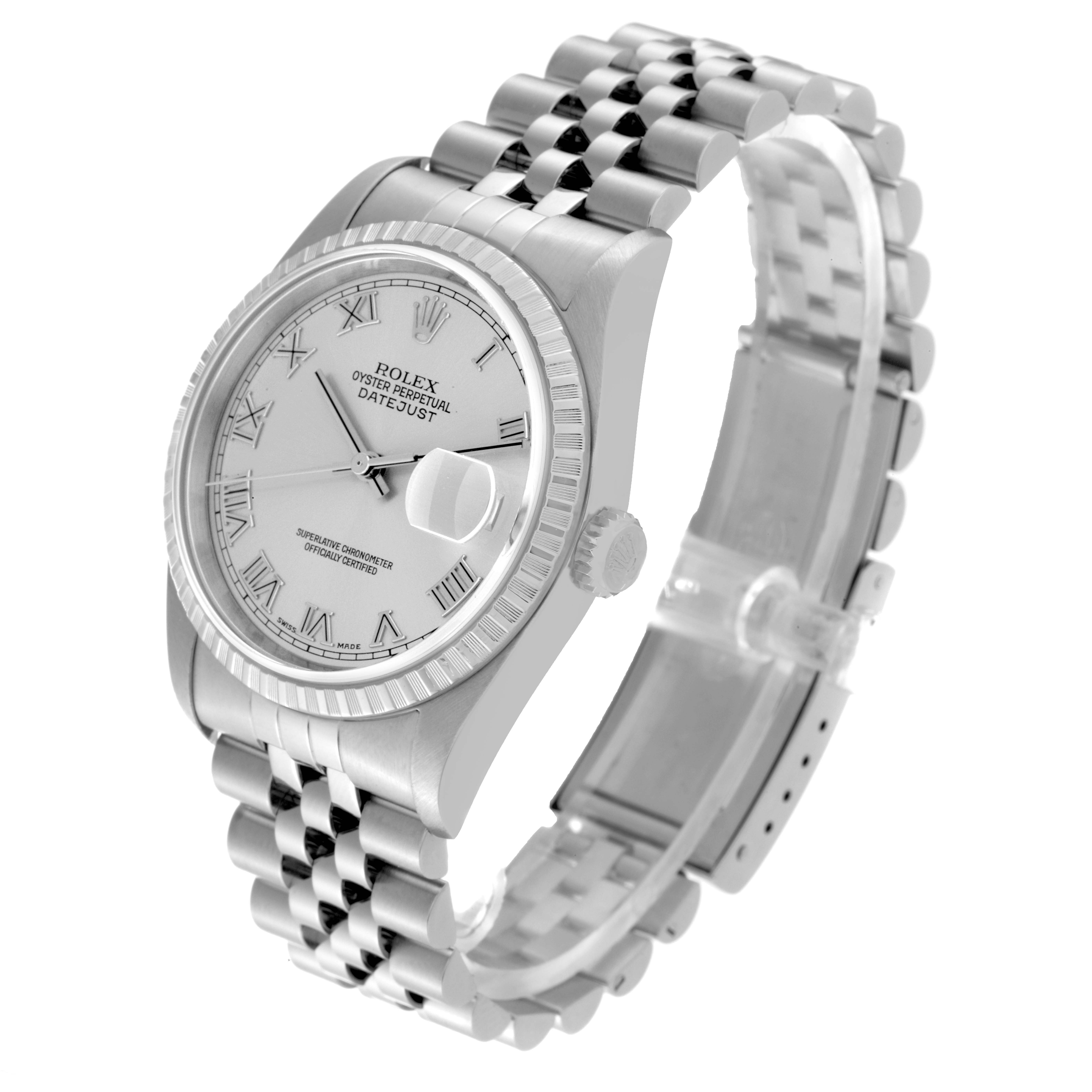 The image shows a side angle of the Rolex Datejust 16220 Men's Stainless Steel Silver Dial 16220 Men's Stainless Steel Silver Dial watch, displaying its face, crown, and metal bracelet clearly.