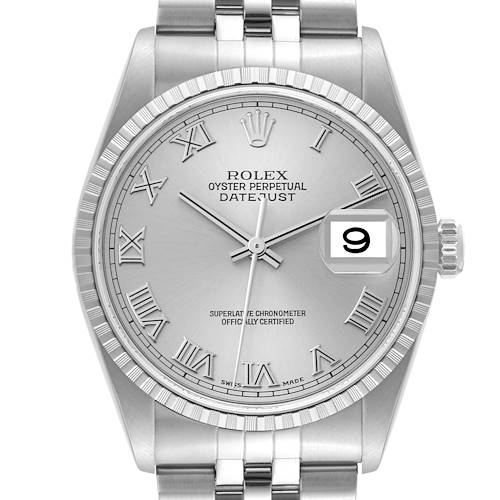 The image shows the front view of a Rolex Datejust watch, highlighting its dial, hands, Roman numerals, date window, and fluted bezel.