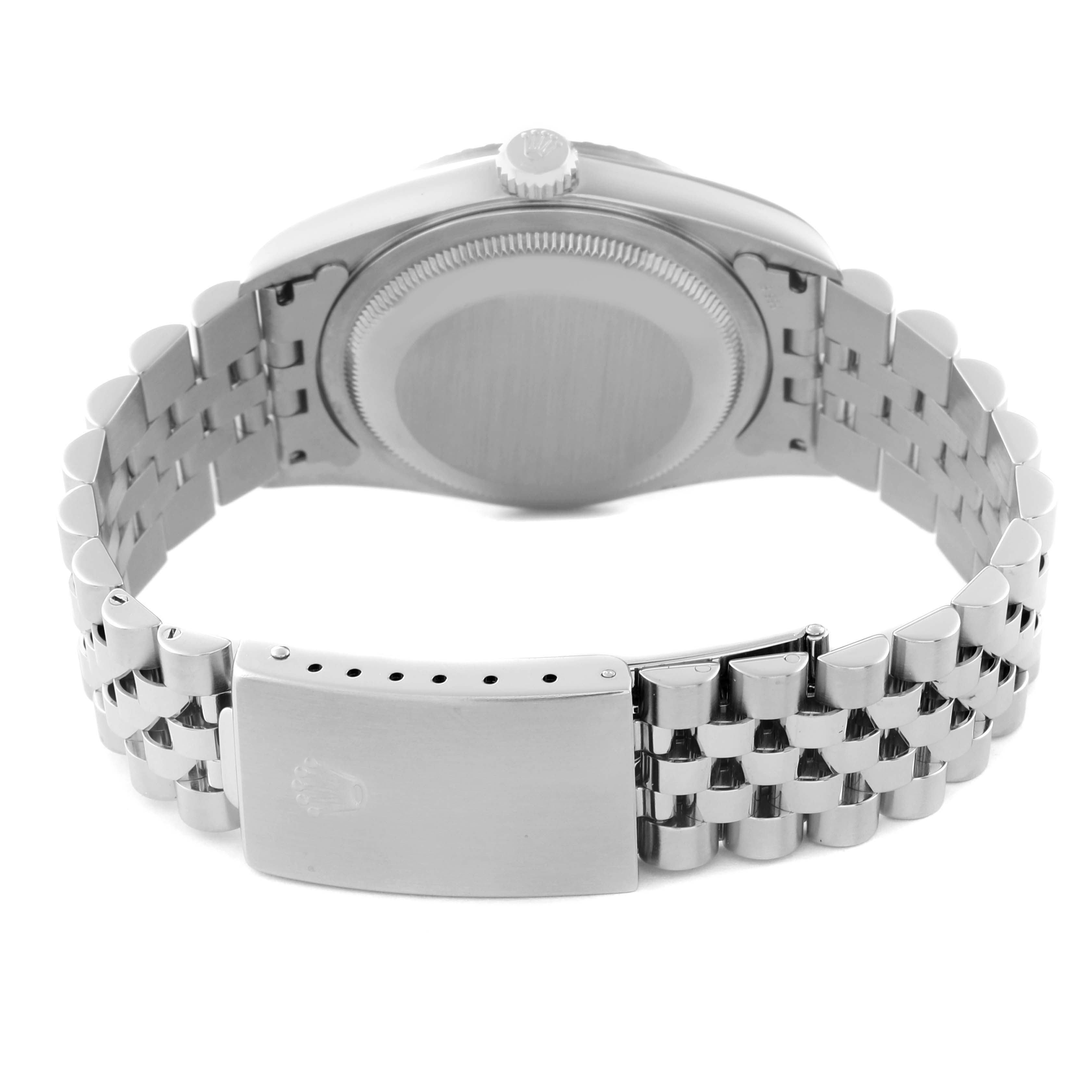 The image shows the back view of a Rolex Datejust 16220 Men's Stainless Steel Silver Dial 16220 Men's Stainless Steel Silver Dial watch, highlighting the case back and bracelet clasp.