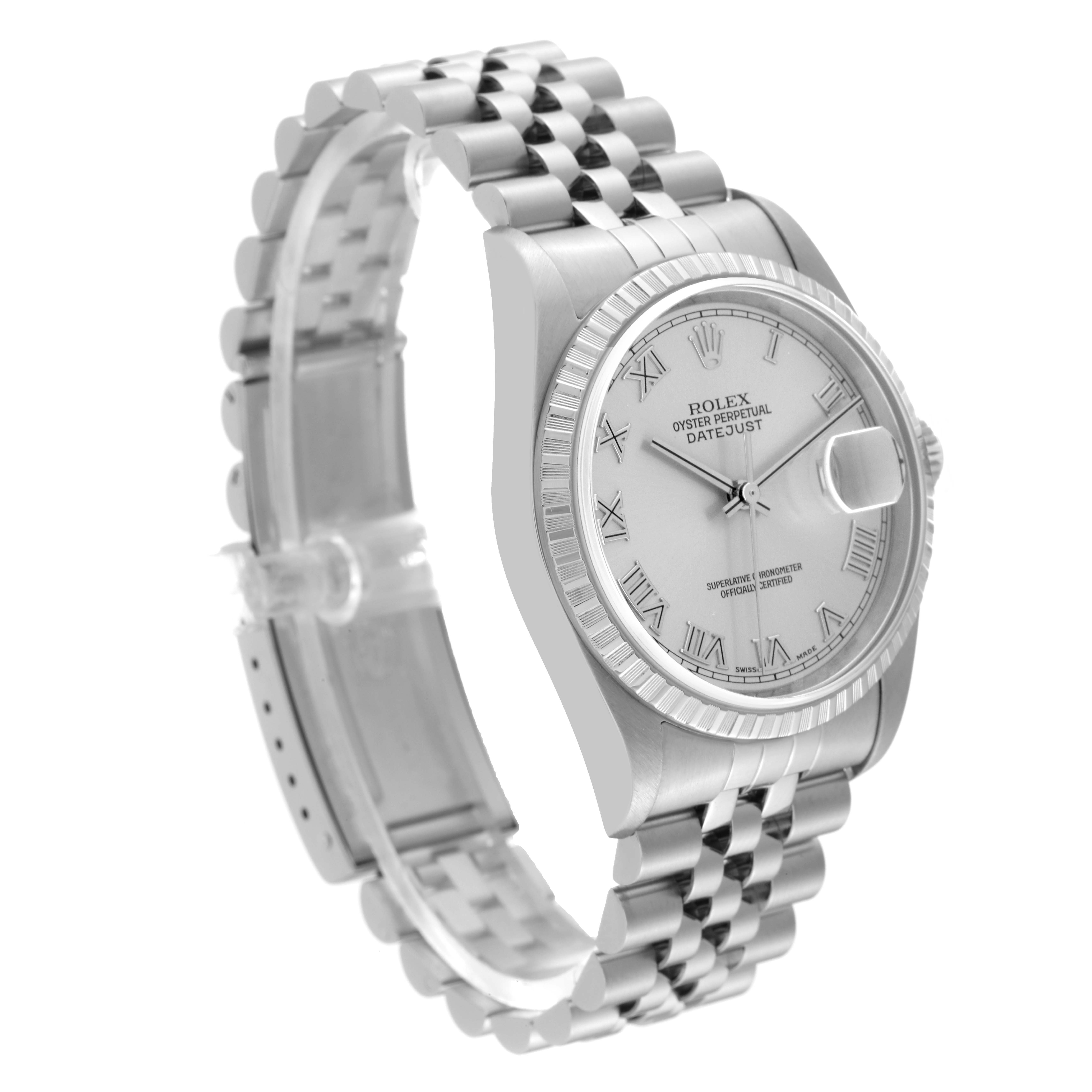 The Rolex Datejust 16220 Men's Stainless Steel Silver Dial 16220 Men's Stainless Steel Silver Dial watch is shown from a front angle, highlighting the dial, casing, and bracelet.