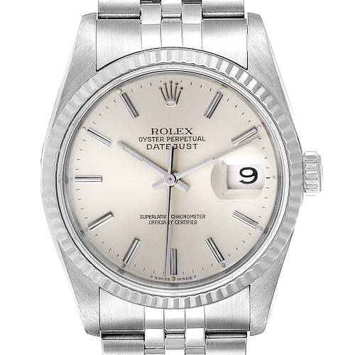 Photo of Rolex Datejust Silver Dial Fluted Bezel Steel White Gold Mens Watch 16234