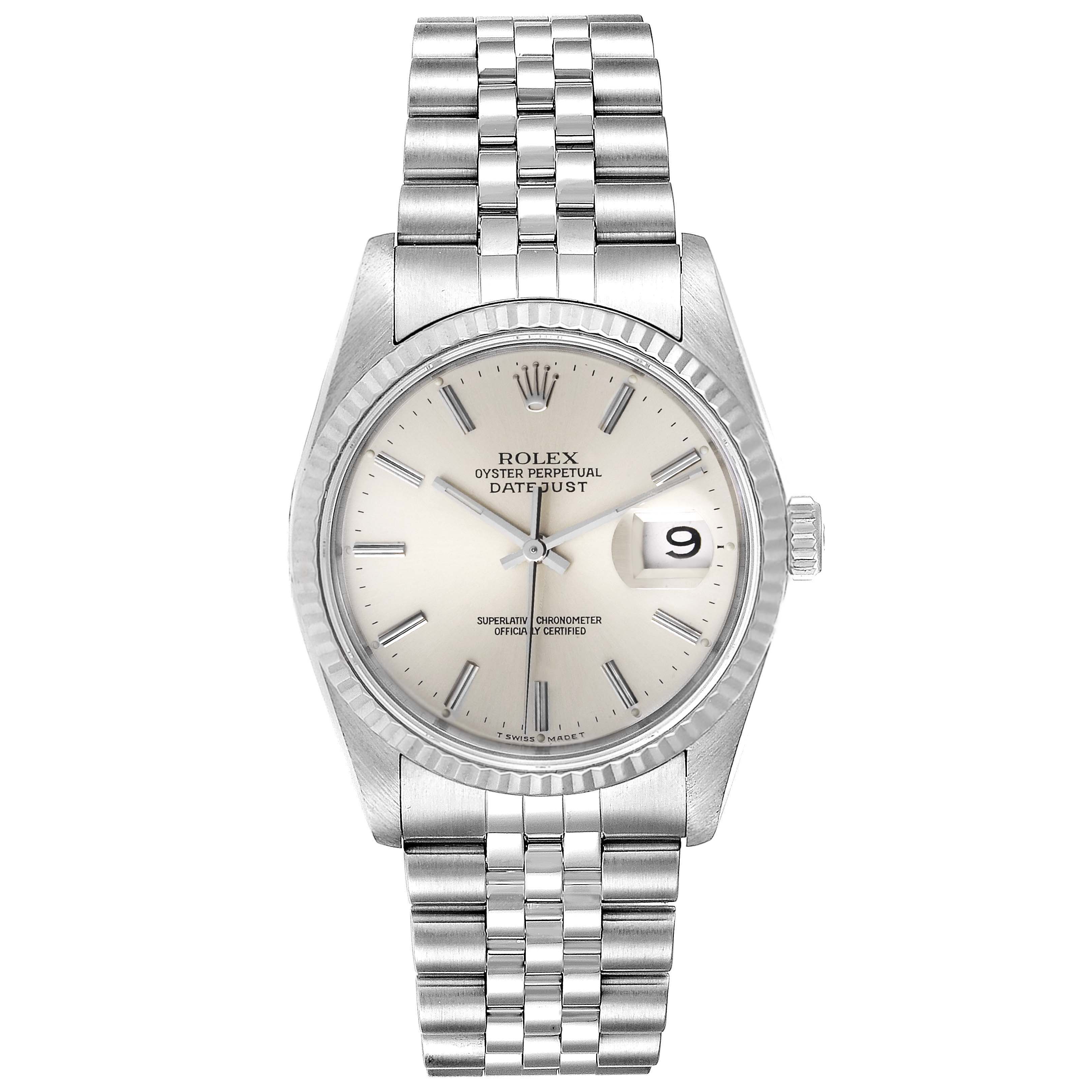 The image shows a front view of a Rolex Datejust 16234 Men's Stainless Steel Silver Dial 16234 Men's Stainless Steel Silver Dial watch, featuring its silver dial, fluted bezel, Jubilee bracelet, and date window.