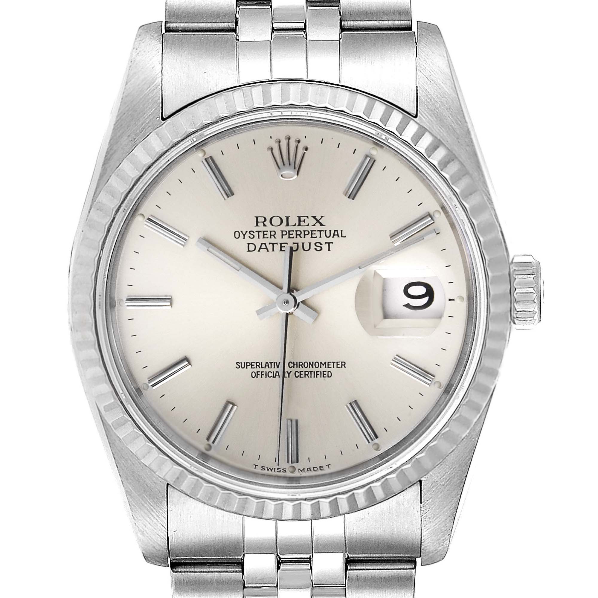The Rolex Datejust 16234 Men's Stainless Steel Silver Dial 16234 Men's Stainless Steel Silver Dial watch is shown in a frontal angle, displaying the dial, crown, and part of the bracelet.