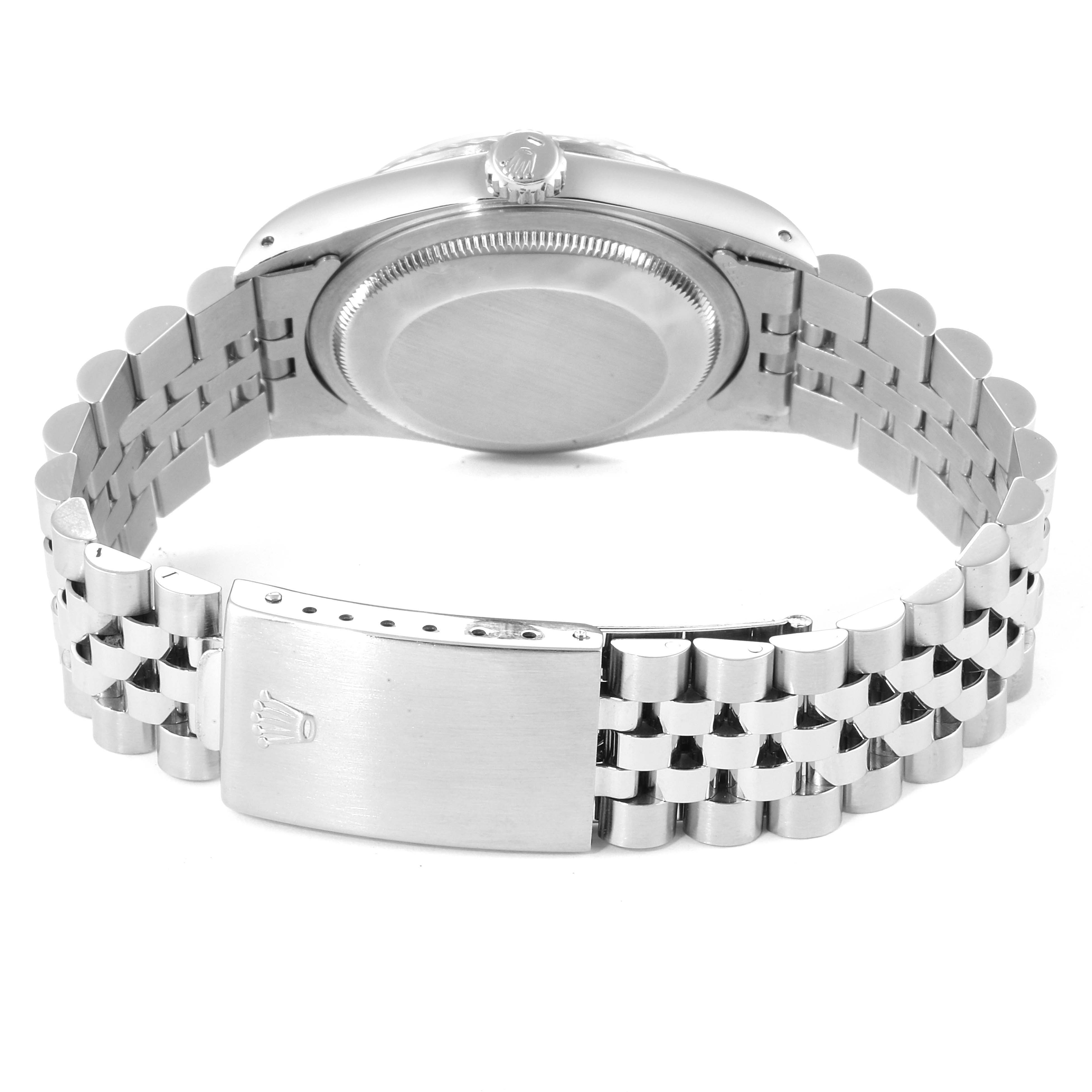 The image shows the back view of a Rolex Datejust 16234 Men's Stainless Steel Silver Dial 16234 Men's Stainless Steel Silver Dial watch, focusing on its case back, crown, and Jubilee bracelet with clasp.