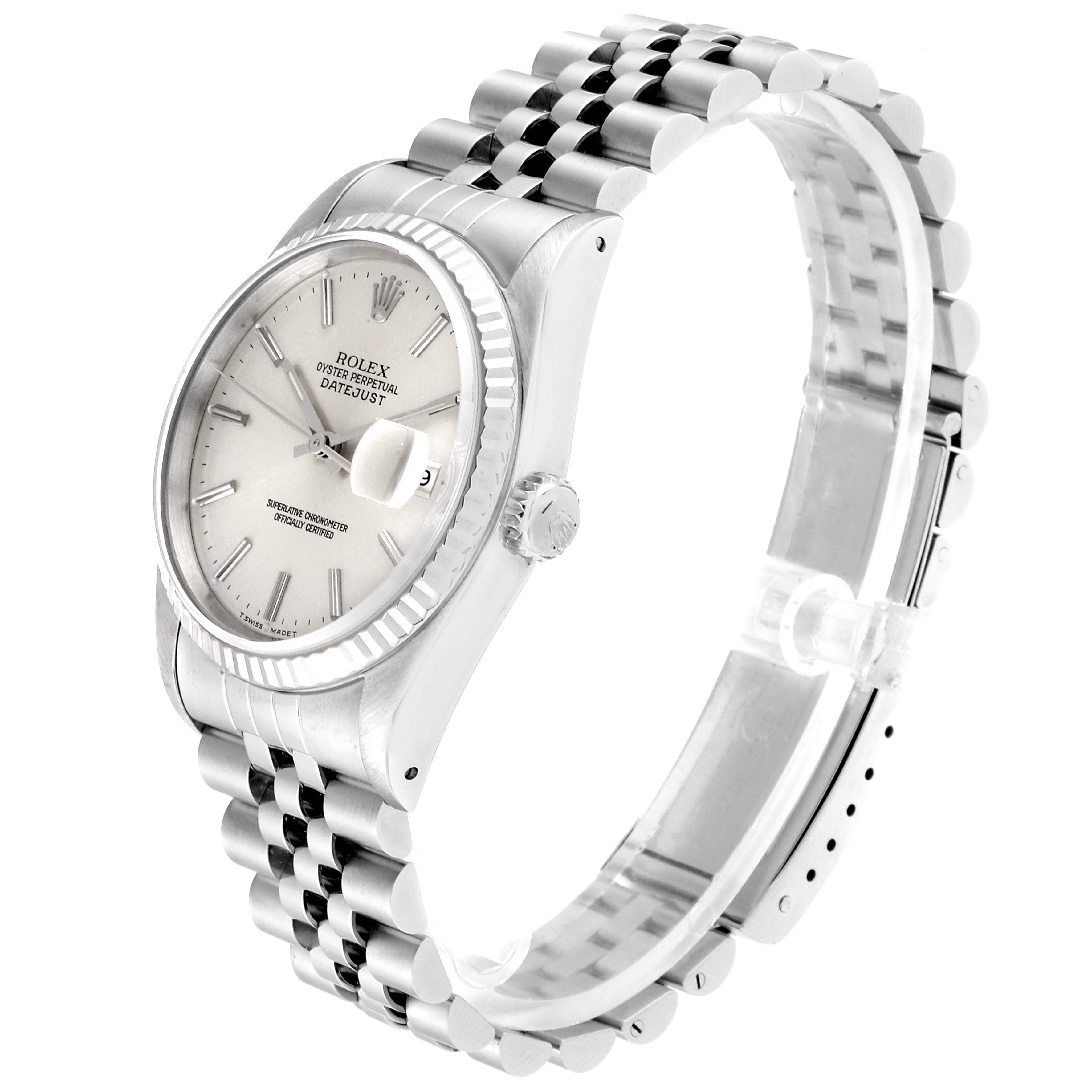 The Rolex Datejust 16234 Men's Stainless Steel Silver Dial 16234 Men's Stainless Steel Silver Dial watch is shown from a left front angle, displaying the dial, bezel, crown, and bracelet.