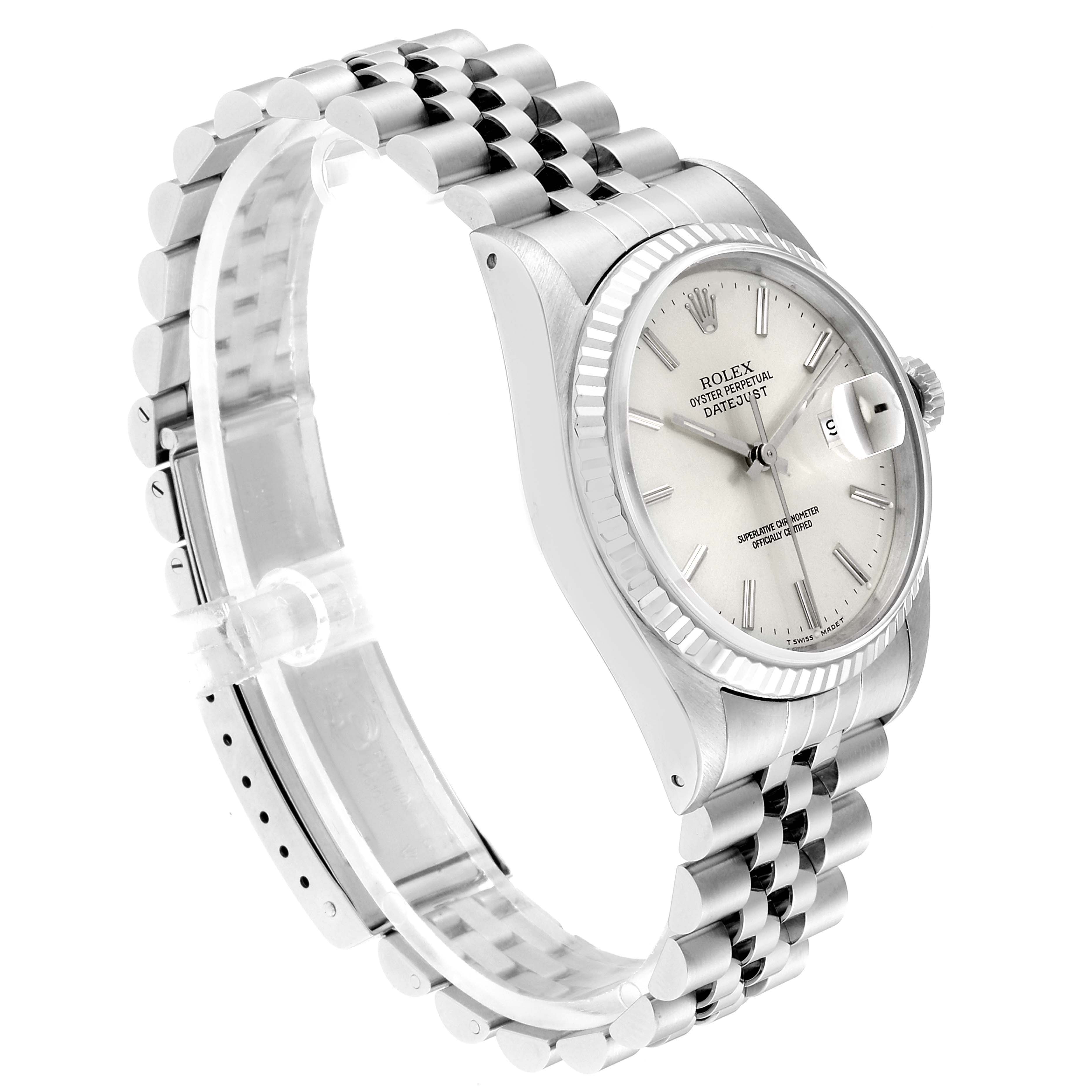 This image shows a Rolex Datejust 16234 Men's Stainless Steel Silver Dial 16234 Men's Stainless Steel Silver Dial watch at a three-quarter angle, highlighting the dial, bezel, case, and jubilee bracelet.