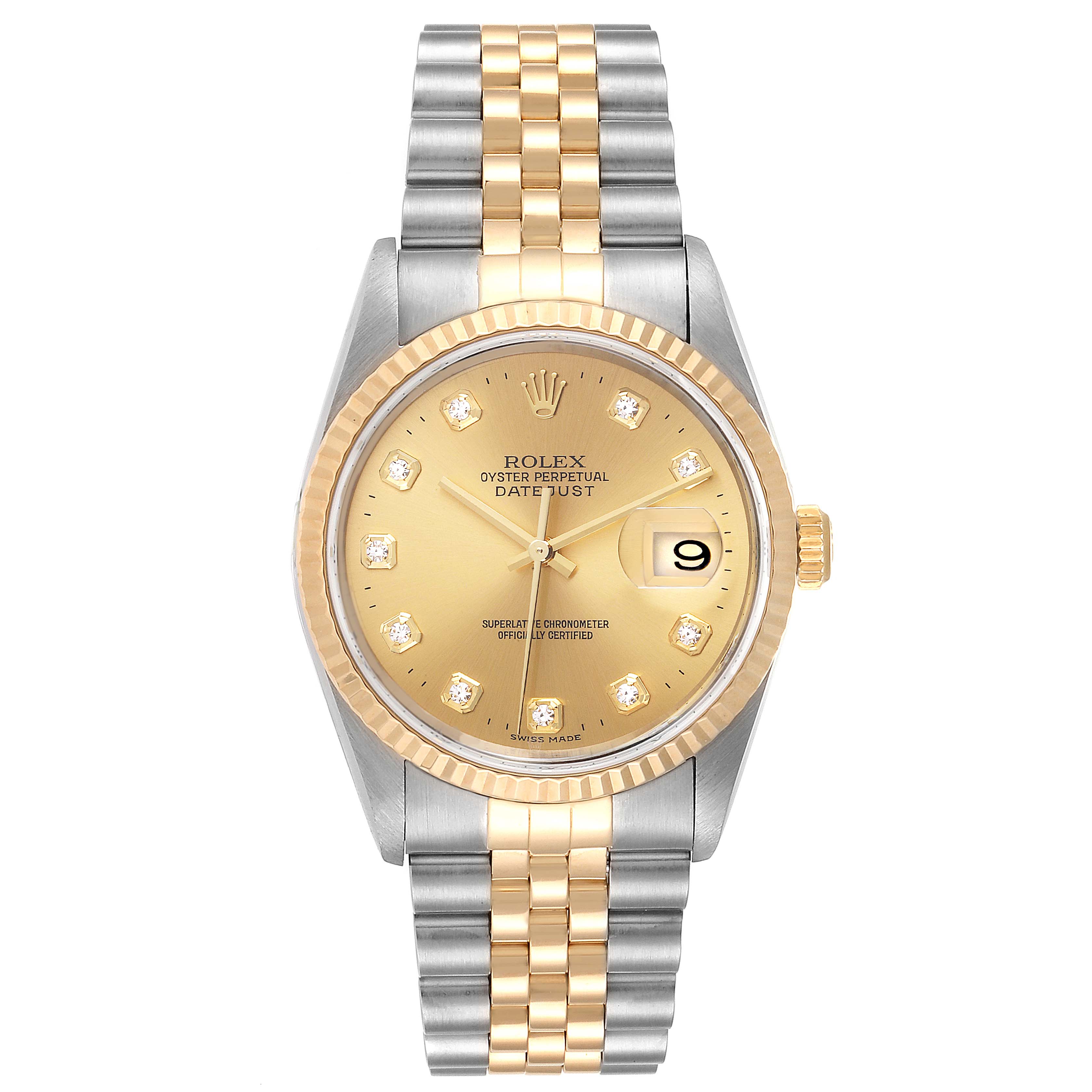 The image shows a front view of a Rolex Datejust 16233 Men
s Steel and Gold (two tone) Champagne Dial 16233 Men
s Steel and Gold (two tone) Champagne Dial watch, highlighting the bezel, dial, and two-tone bracelet.