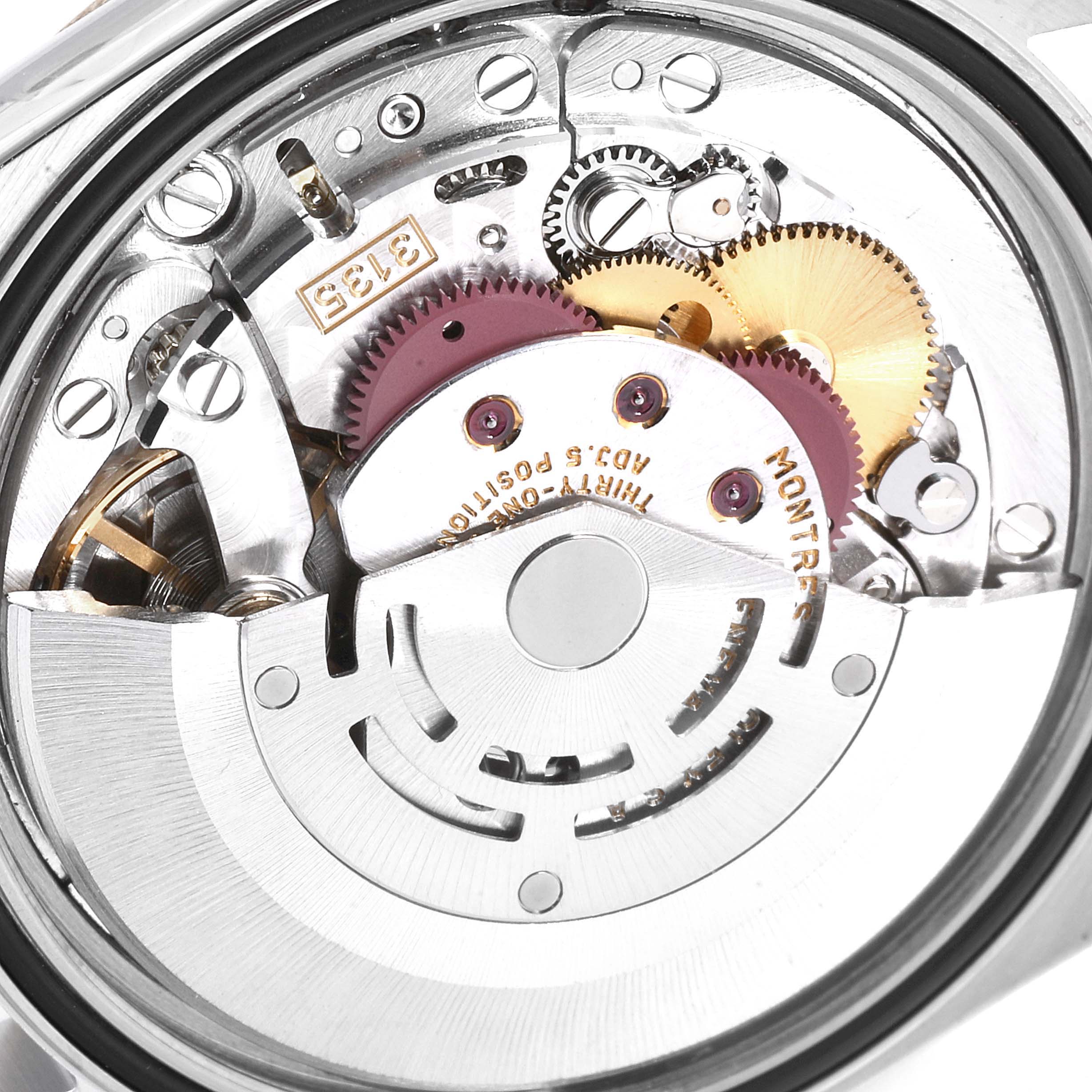 The image shows the inner mechanical movement of the Rolex Datejust 16233 Men
s Steel and Gold (two tone) Champagne Dial 16233 Men
s Steel and Gold (two tone) Champagne Dial watch, viewed from the back or inside.