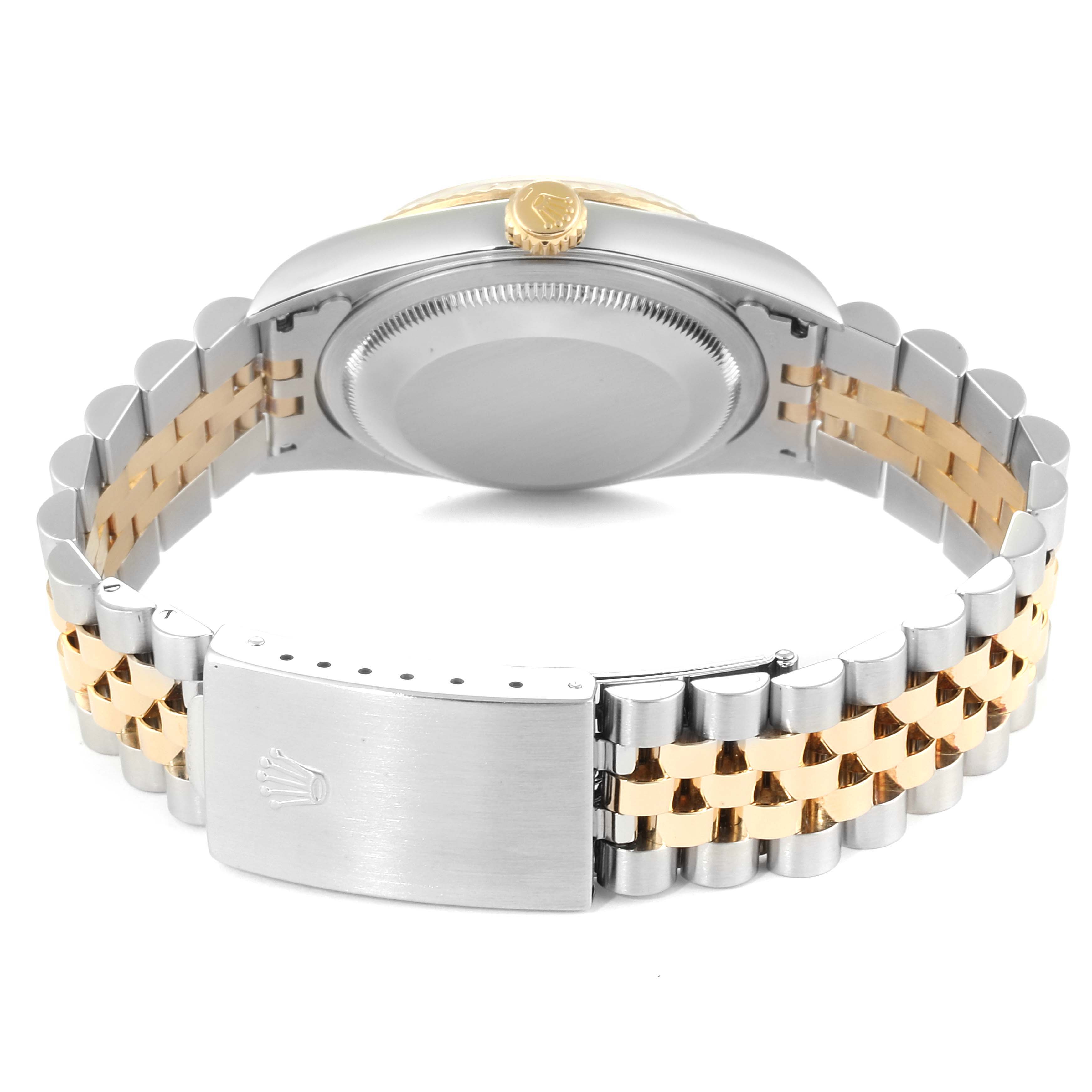 The image shows the back view of a Rolex Datejust 16233 Men
s Steel and Gold (two tone) Champagne Dial 16233 Men
s Steel and Gold (two tone) Champagne Dial watch, featuring the case back and part of the Jubilee bracelet with a clasp.